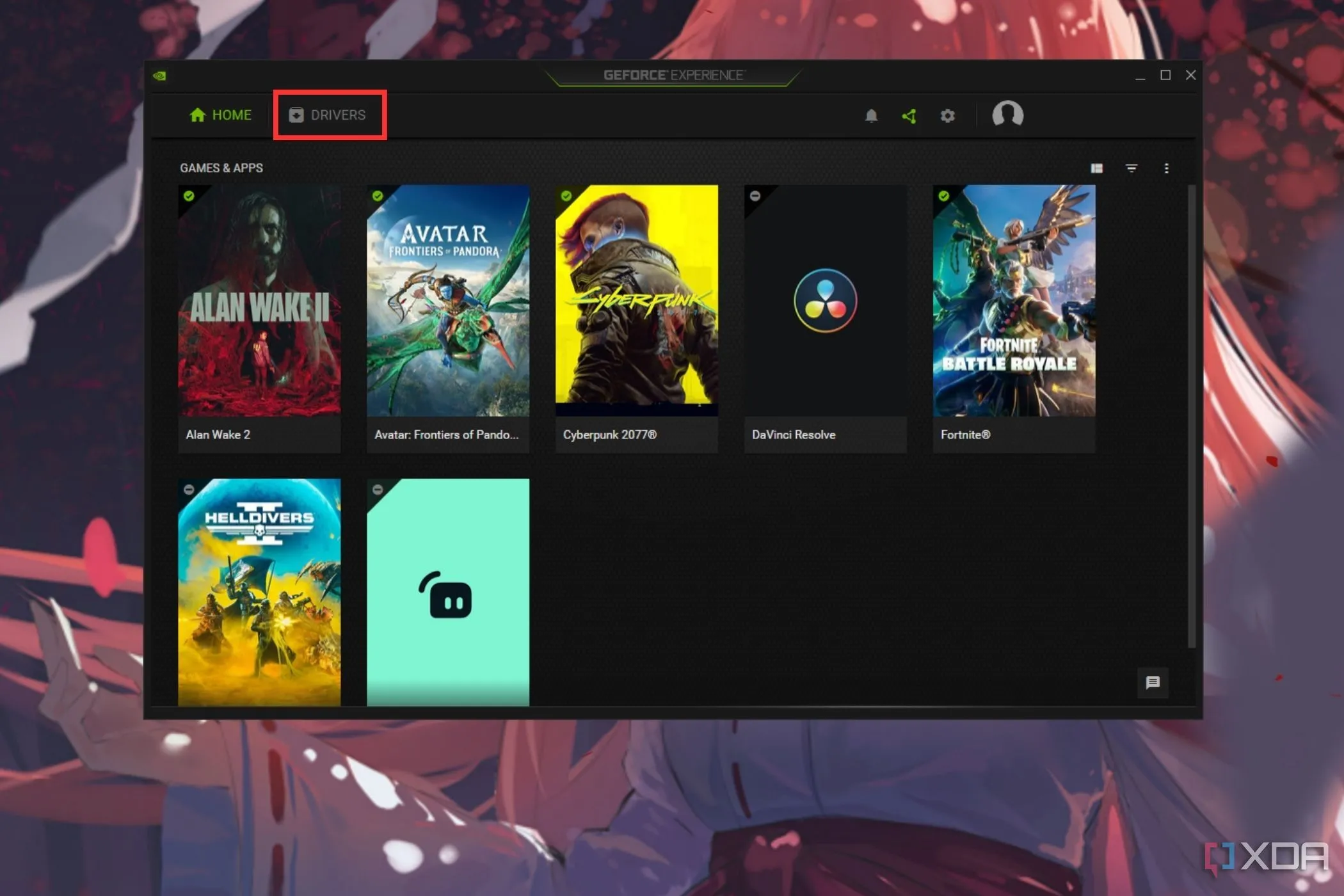 Ảnh chụp màn hình ứng dụng Nvidia GeForce Experience với nút Driver được làm nổi bật