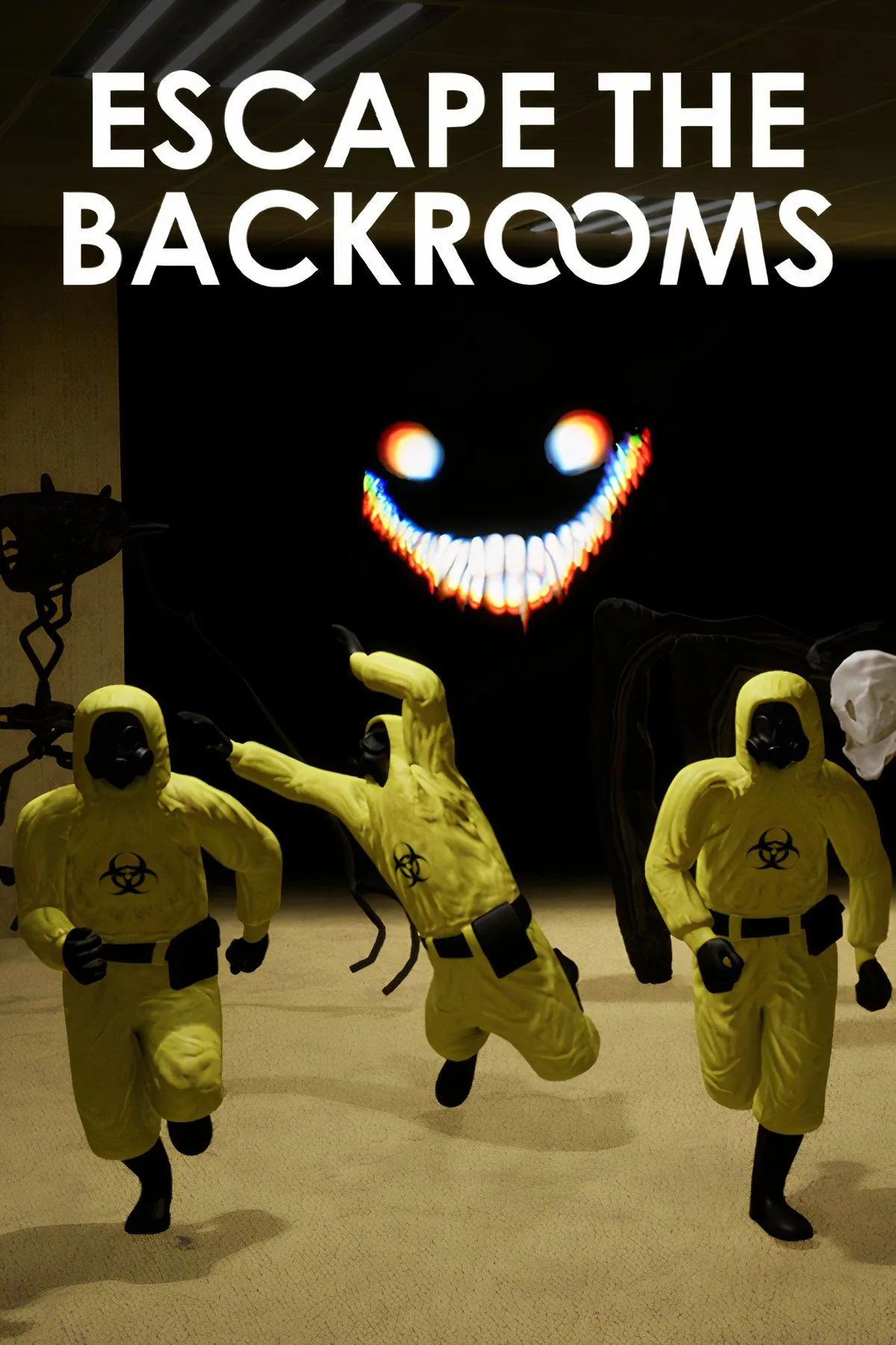 Ảnh gameplay game Escape the Backrooms, mô tả không gian liminal đáng sợ và quái vật.