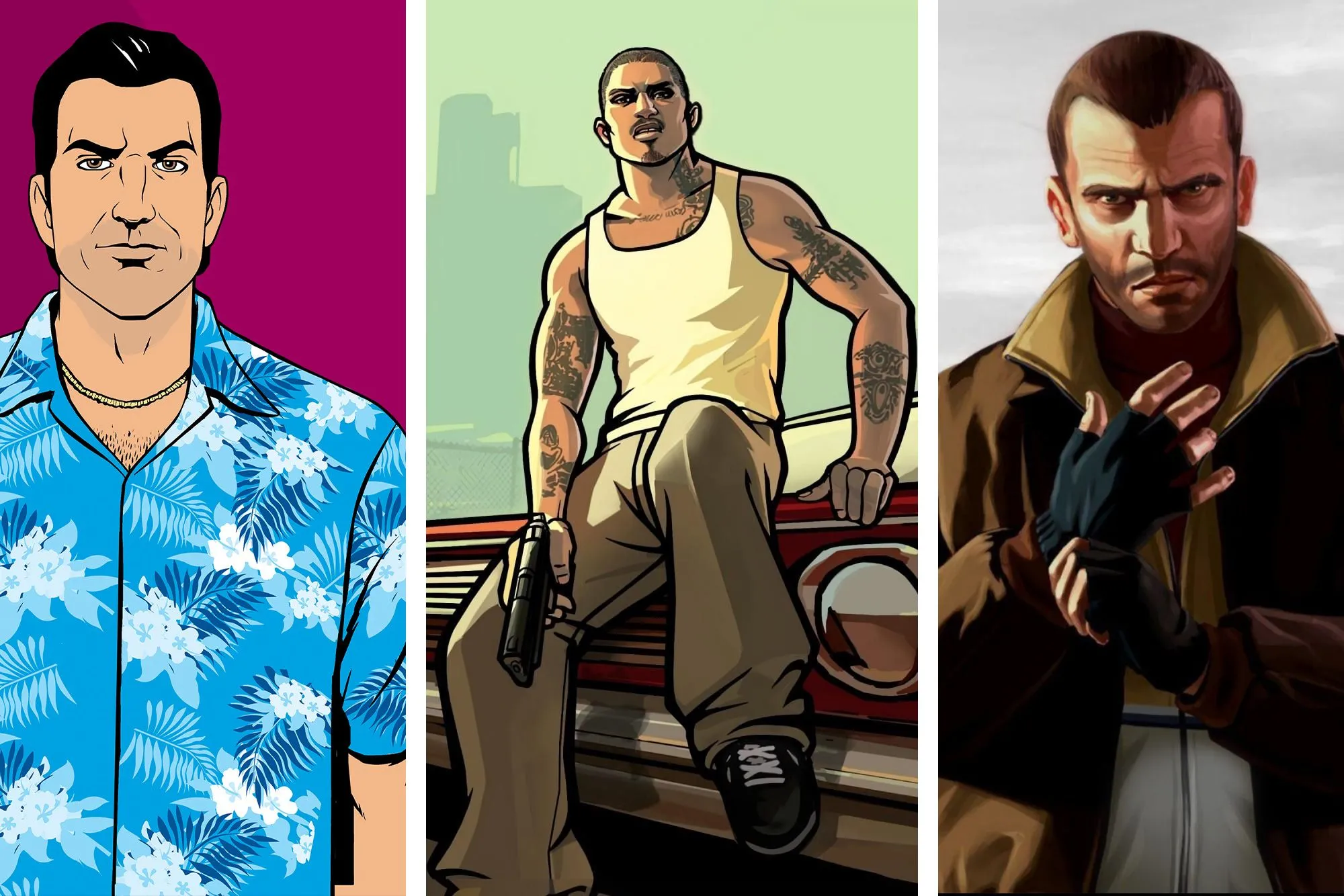 Ảnh ghép các nhân vật biểu tượng từ series Grand Theft Auto: Tommy Vercetti, Cesar Vialpando và Niko Bellic.