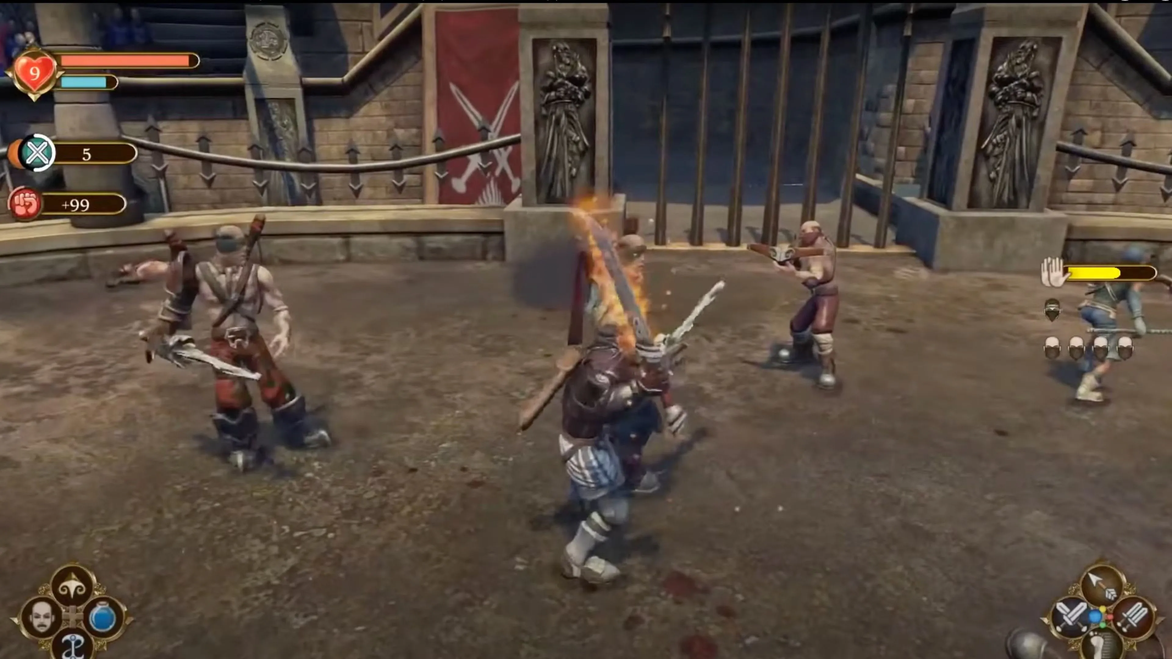 Anh hùng trong Fable chiến đấu với nhiều đối thủ trong đấu trường, thể hiện gameplay hành động RPG