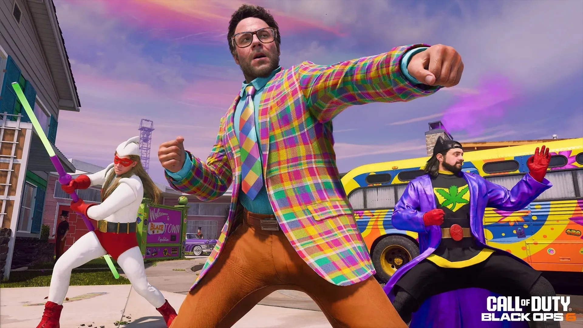 Ảnh quảng bá game Call of Duty Black Ops 6 với Seth Rogen cùng Jay và Silent Bob, biểu tượng của sự mở rộng vũ trụ game