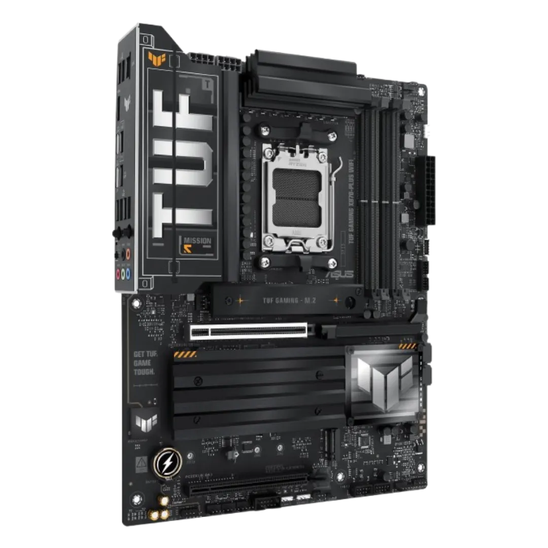 Ảnh render của bo mạch chủ Asus TUF Gaming X870-Plus WiFi nhìn từ góc nghiêng