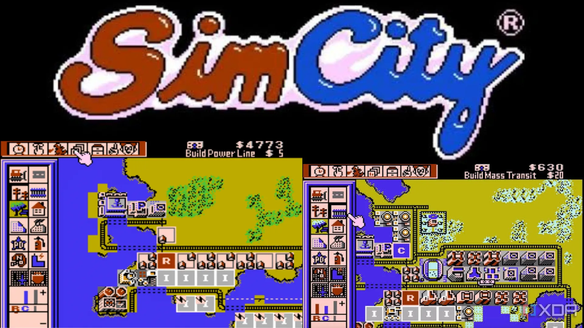 Ảnh tổng hợp các cảnh xây dựng thành phố và logo game SimCity trên SNES, thể hiện lối chơi quản lý độc đáo
