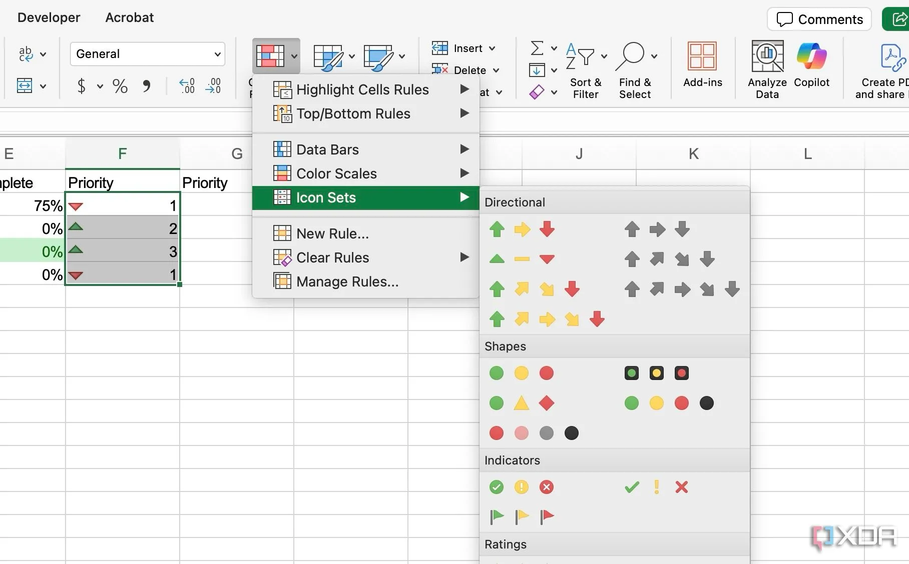 Áp dụng Icon Sets trong định dạng có điều kiện Excel để trực quan hóa mức độ ưu tiên của các nhiệm vụ.