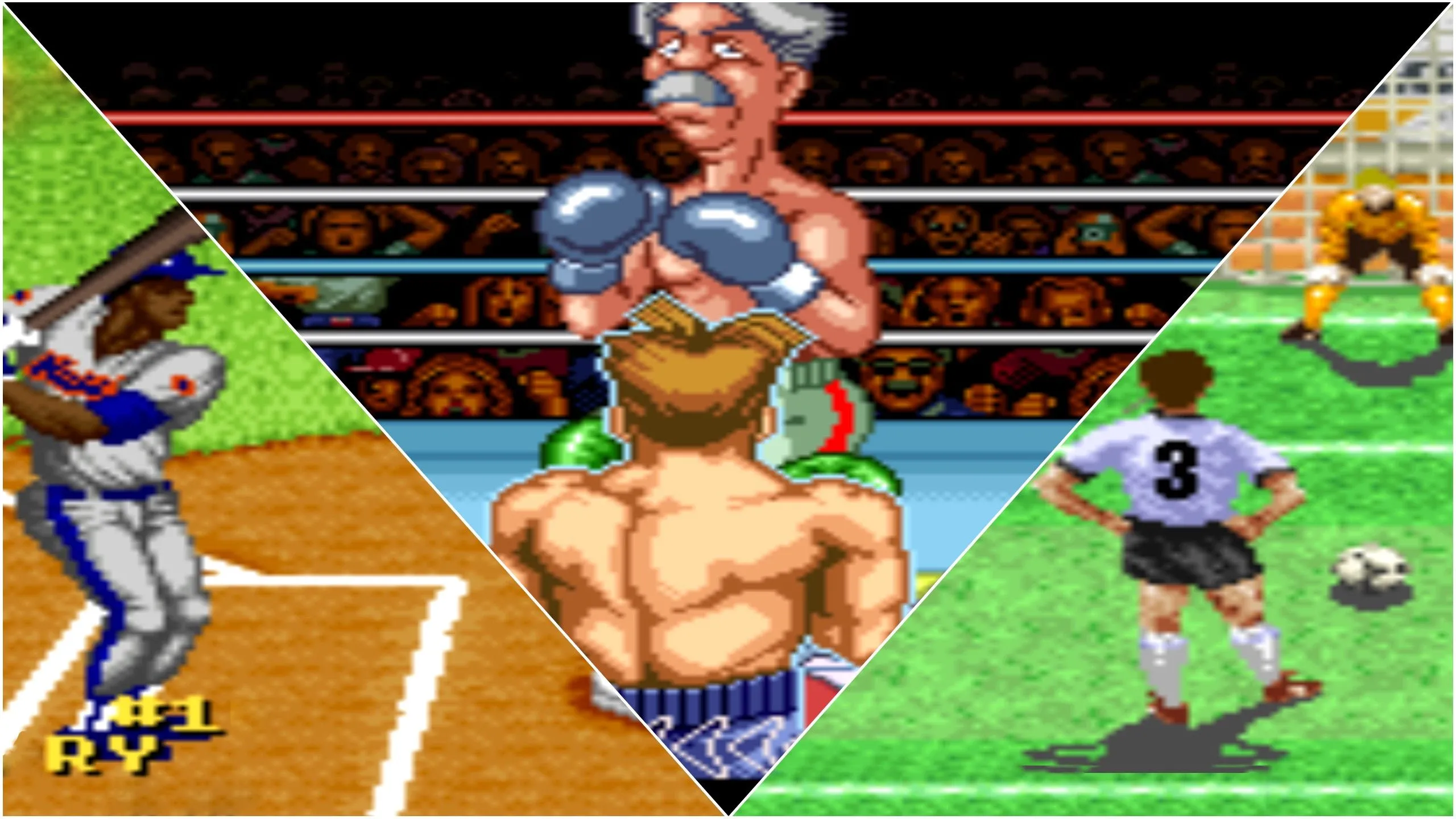 Ba hình ảnh ghép các game thể thao kinh điển trên Super Nintendo, gợi nhớ về lịch sử phát triển của thể loại game thể thao và cách Rematch muốn tạo ra một làn gió mới.