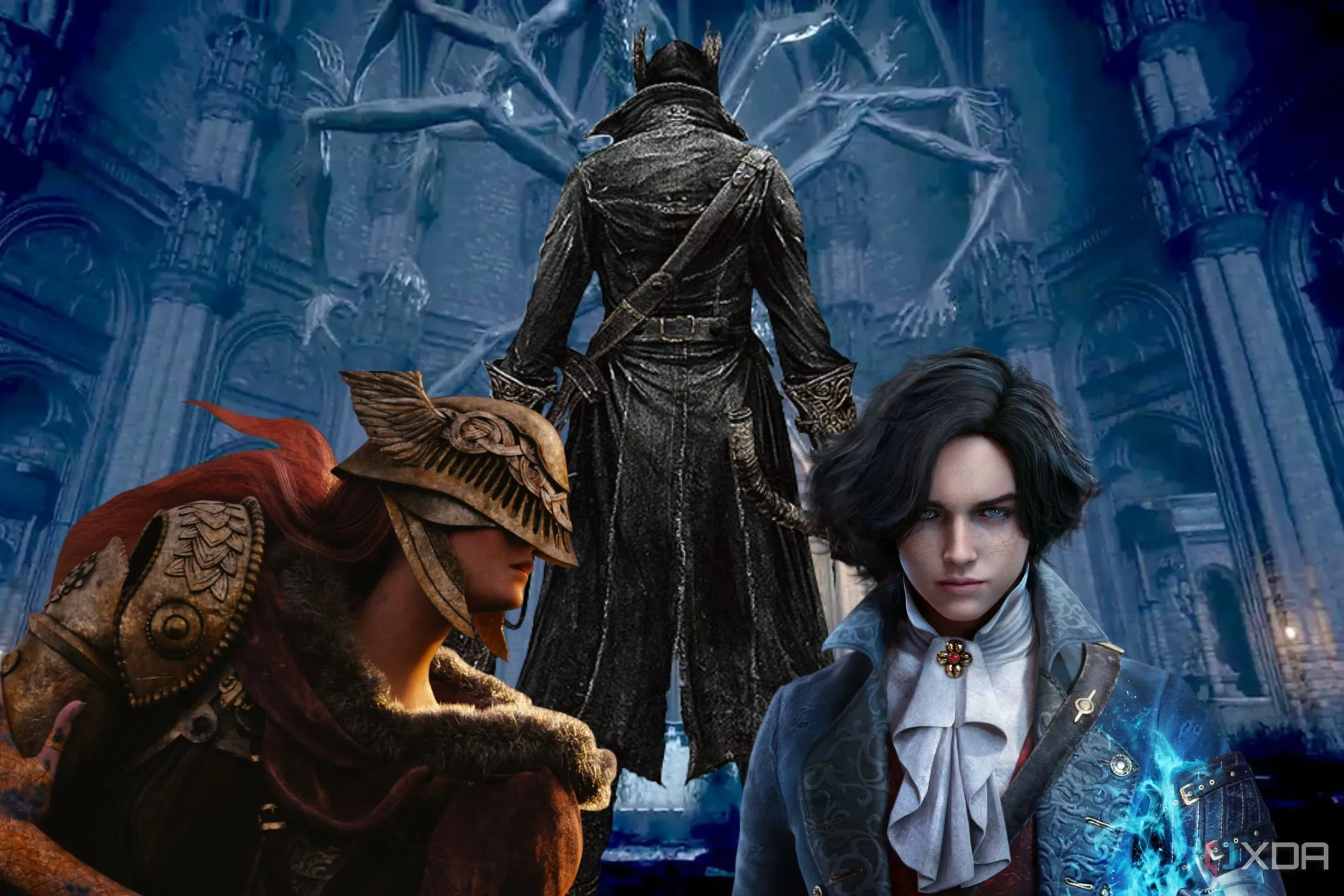 Ba nhân vật game gồm Bloodborne Hunter, Pinocchio và Malenia trong một nhà thờ, thể hiện sự đa dạng của các thế giới game cần khám phá.