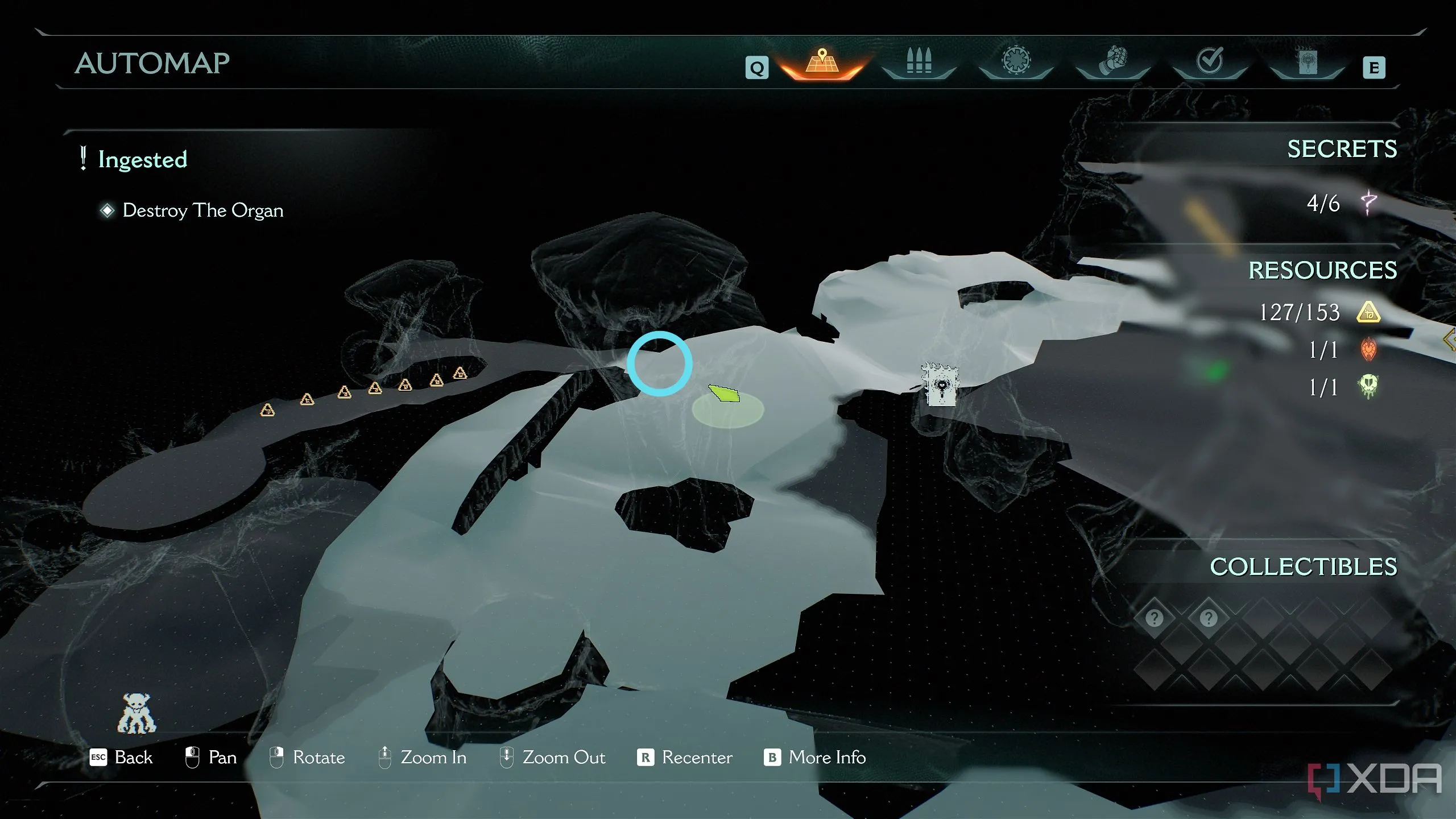 Bản đồ 3D Automap trong Doom: The Dark Ages, vị trí quay lại nút năng lượng