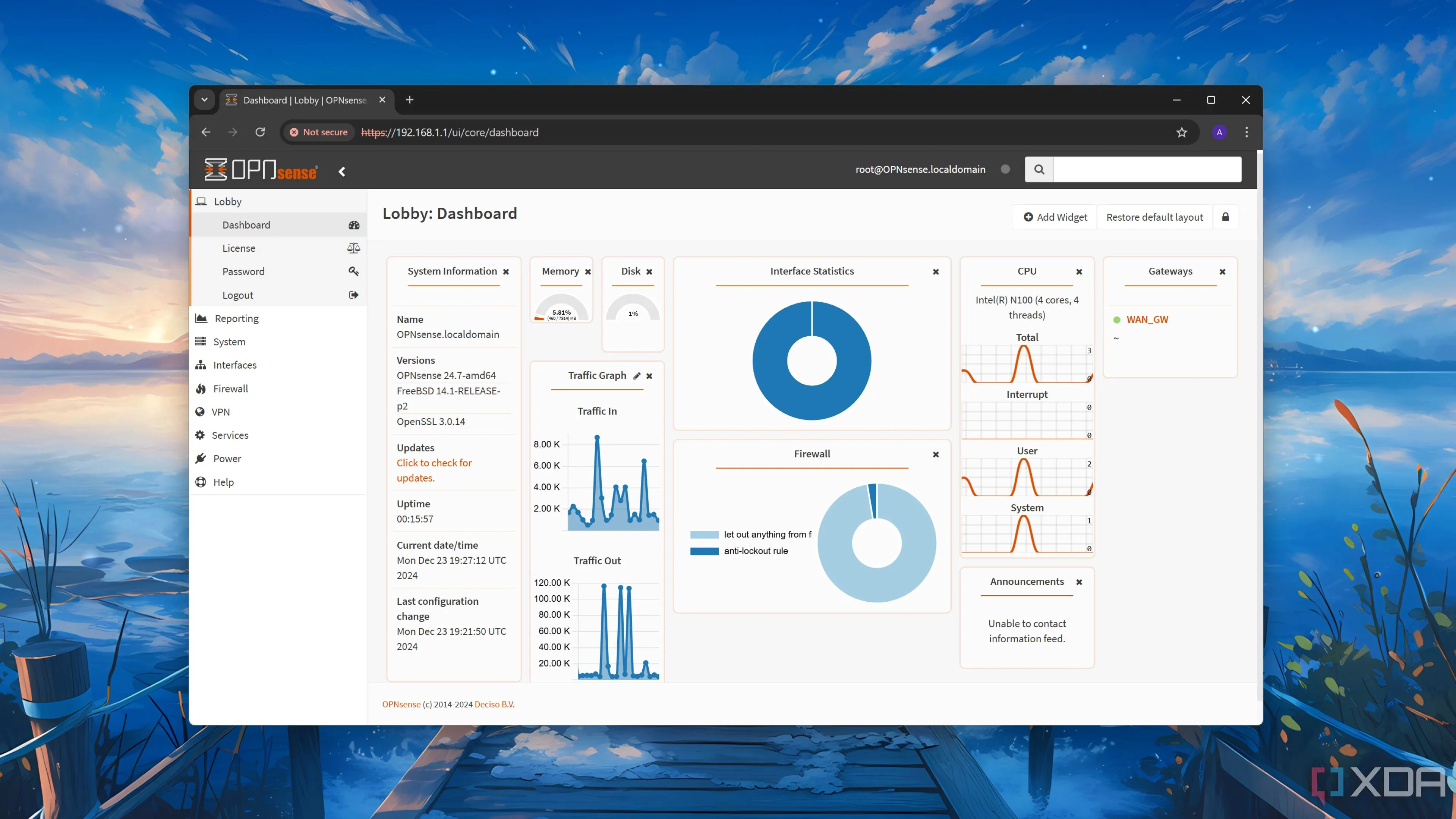 Bảng điều khiển (dashboard) tổng quan của hệ thống OPNsense