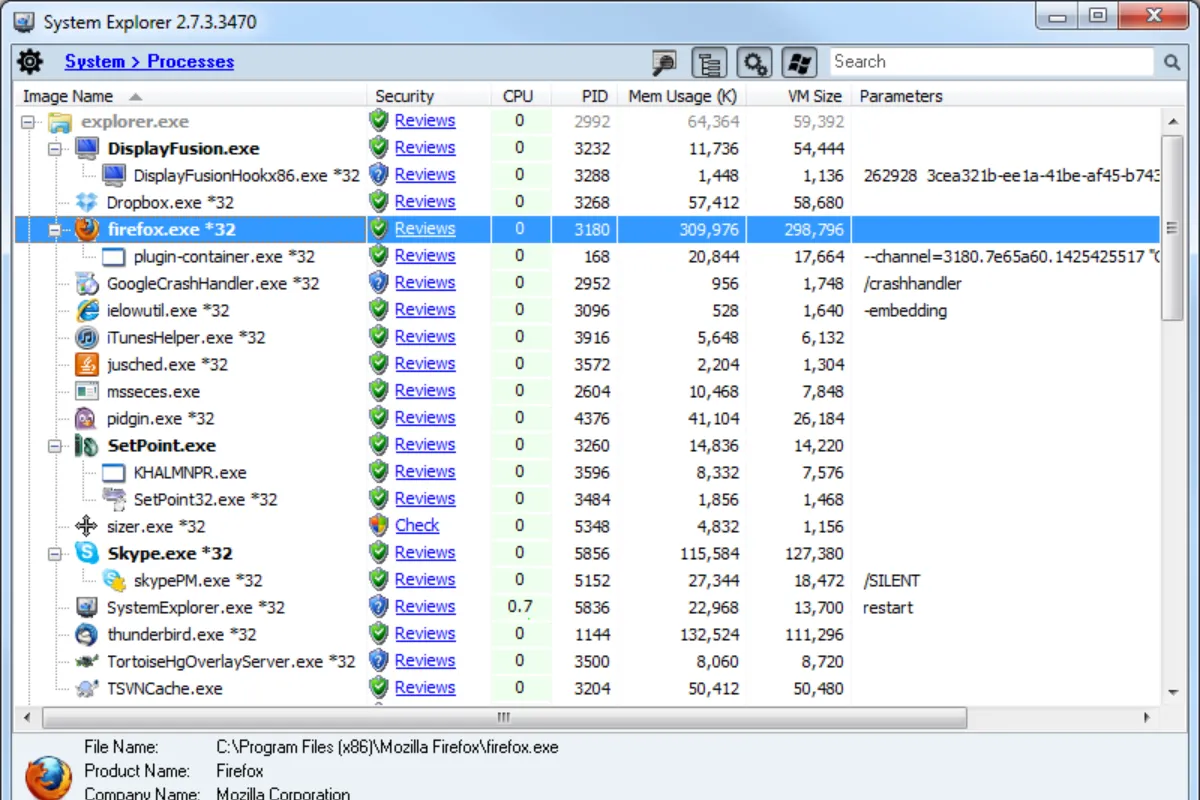 Bảng điều khiển System Explorer với tính năng kiểm tra bảo mật tiến trình