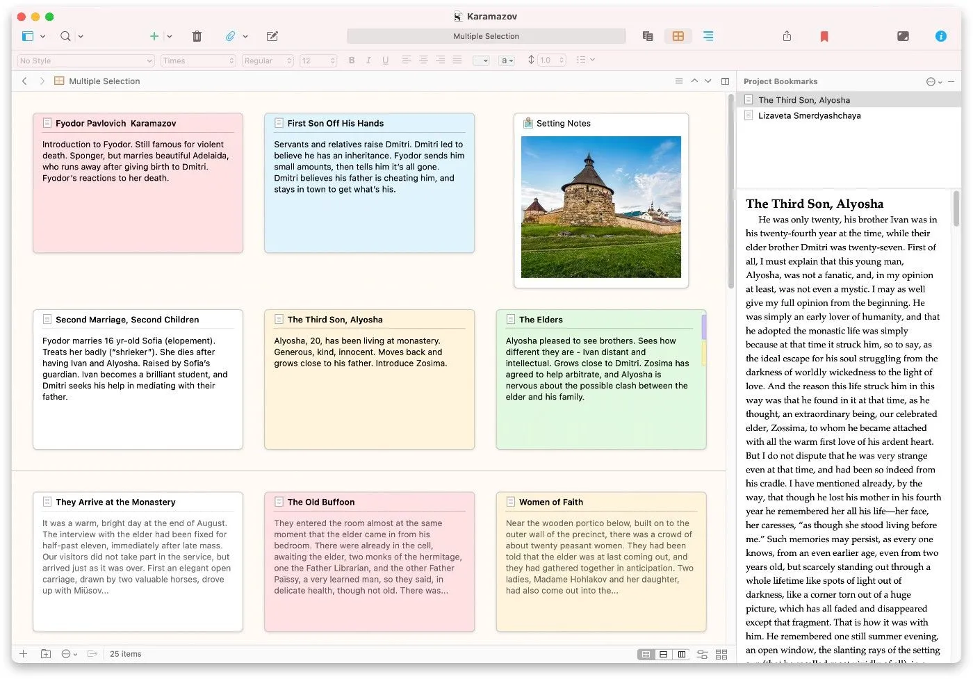 Bảng ghi chú ảo Corkboard trong Scrivener để sắp xếp các cảnh và chương của dự án viết