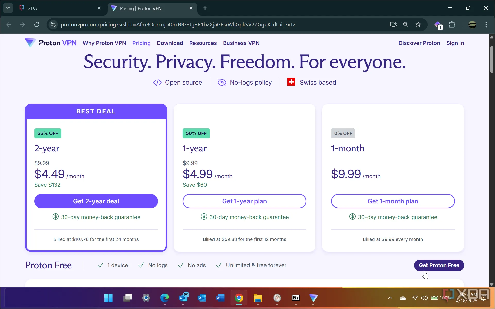 Bảng giá các gói dịch vụ của Proton VPN, bao gồm tùy chọn miễn phí và các gói trả phí