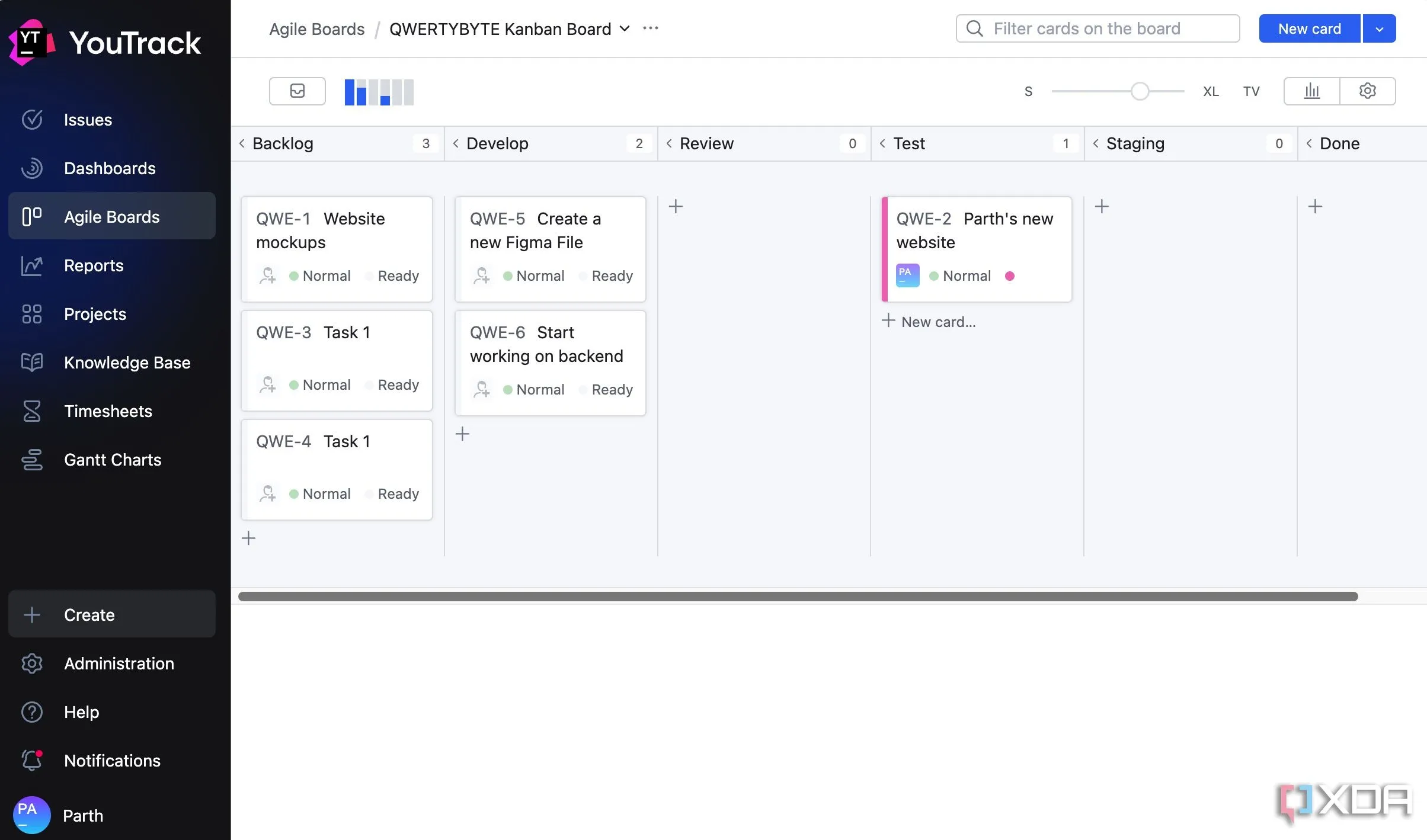 Bảng Kanban trong YouTrack với các cột Backlog, Develop, Review, Test, Staging, Done cho dự án 'QWERTYBYTE'.