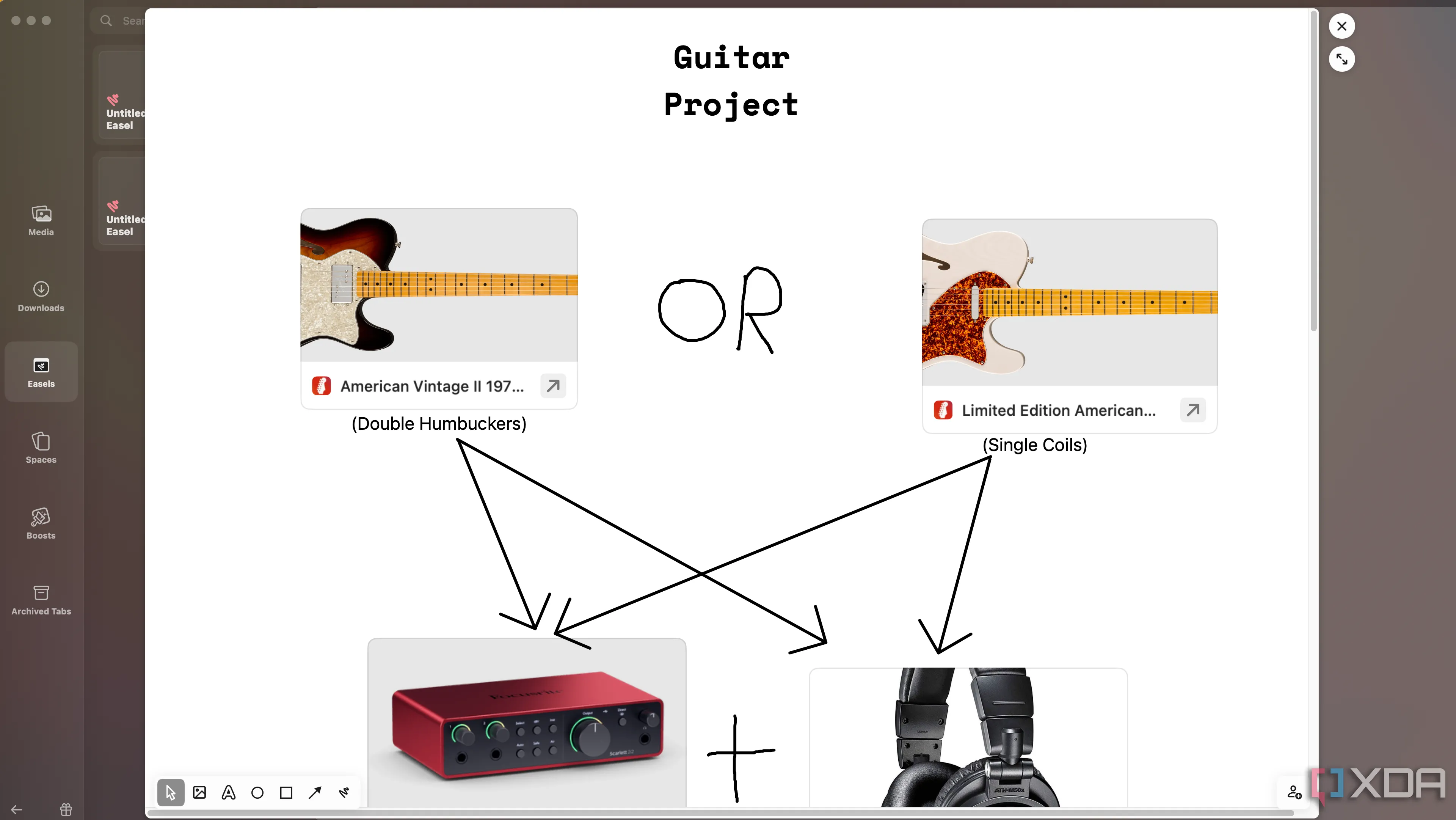 Bảng ý tưởng Easel trong Arc Browser hiển thị các ghi chú và hình ảnh liên quan đến cây đàn guitar