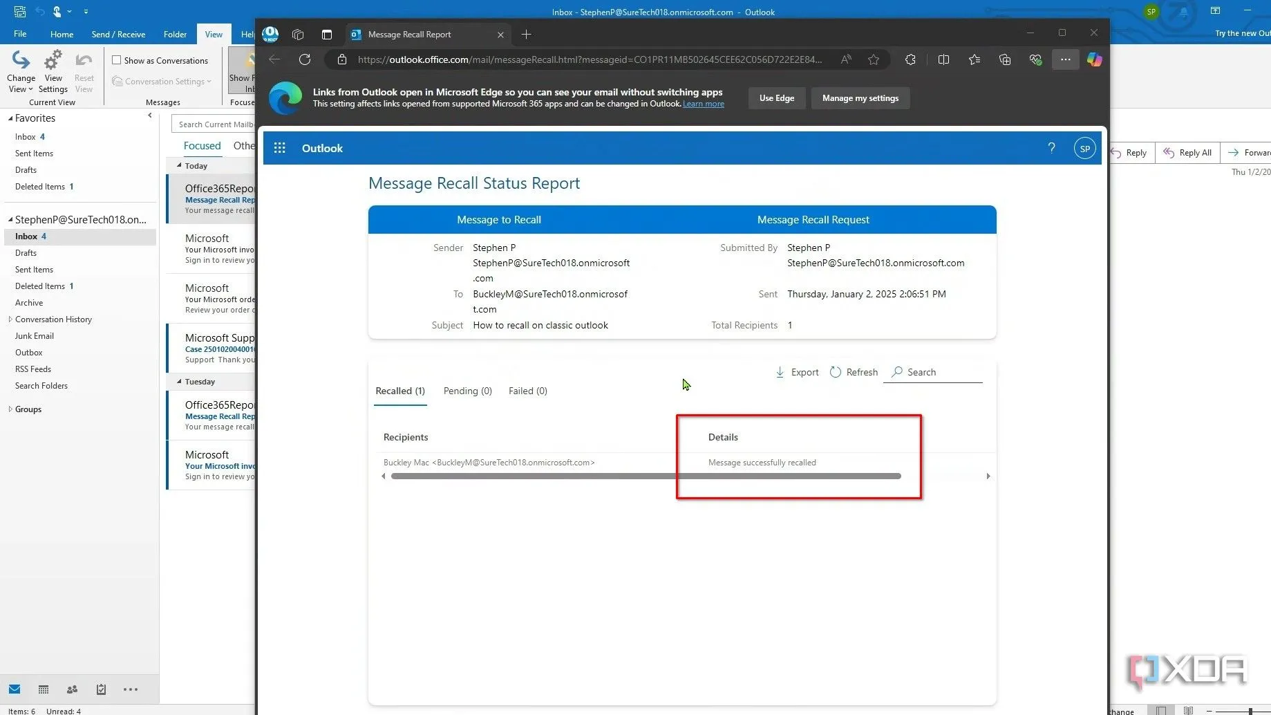 Báo cáo trạng thái thu hồi email thành công được gửi về hộp thư đến trong Outlook.