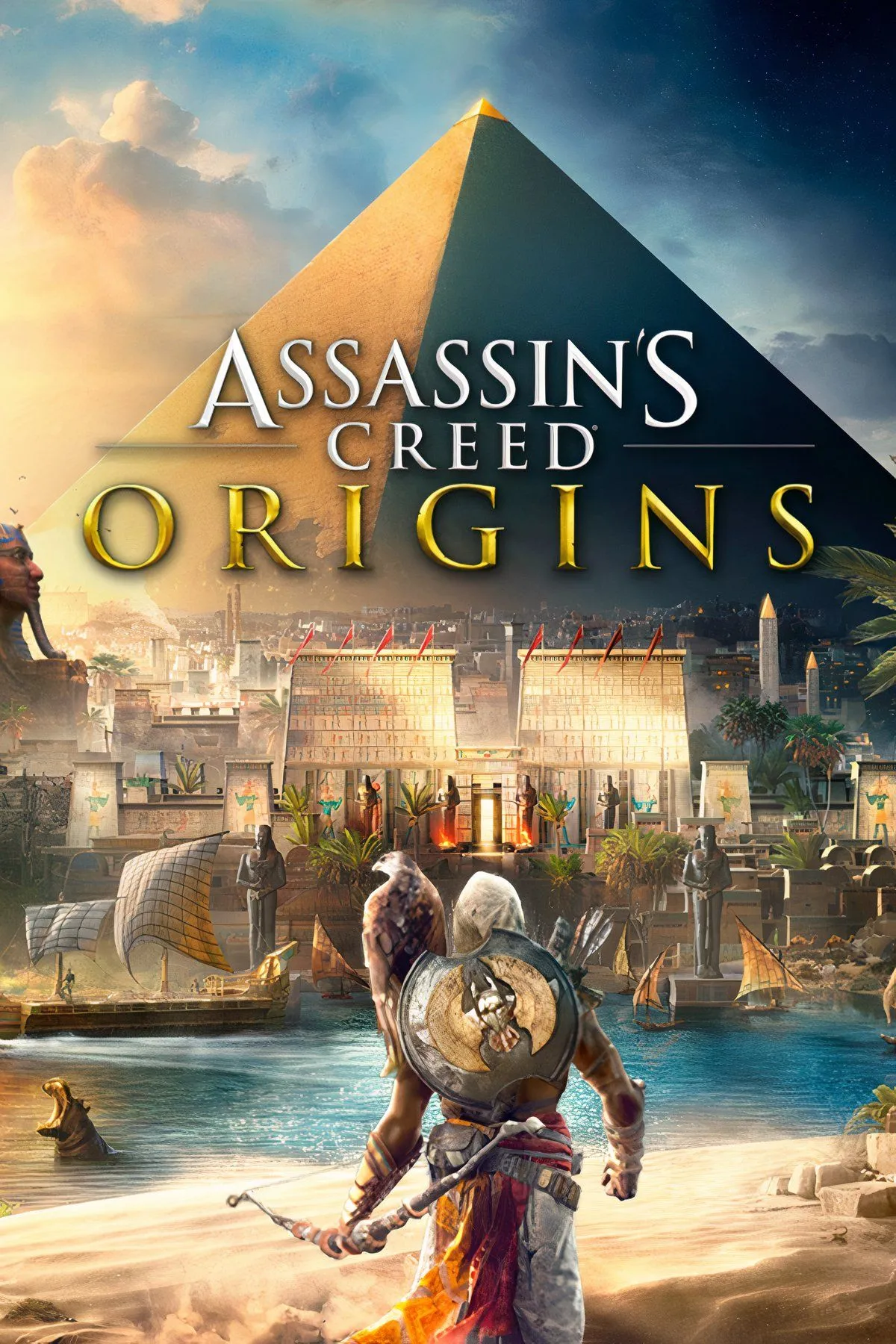Bayek đứng trước Kim tự tháp, khám phá Ai Cập cổ đại trong Assassin's Creed Origins