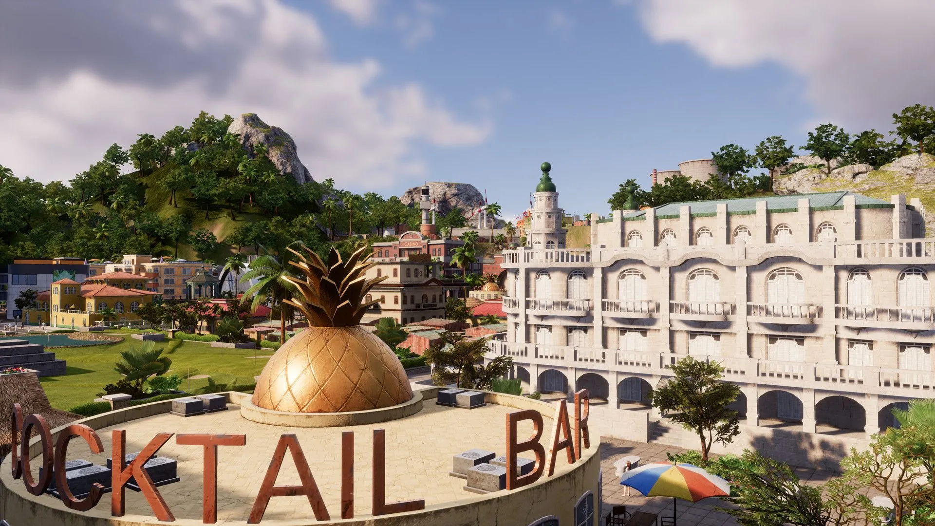 Bến cảng tấp nập trong Tropico 6 với tàu thuyền và hoạt động giao thương