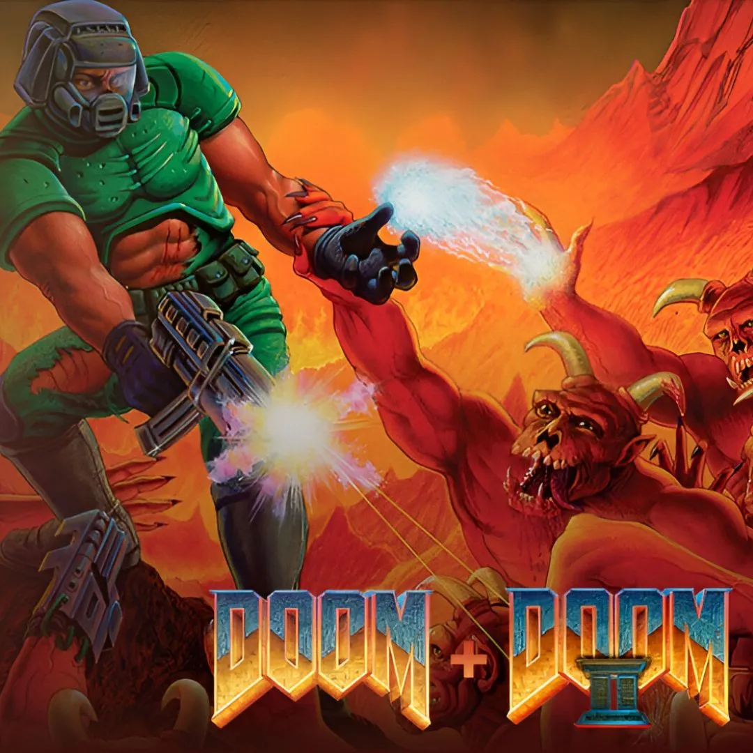 Bìa đĩa game DOOM + DOOM II Remastered Collection, thể hiện đồ họa được nâng cấp