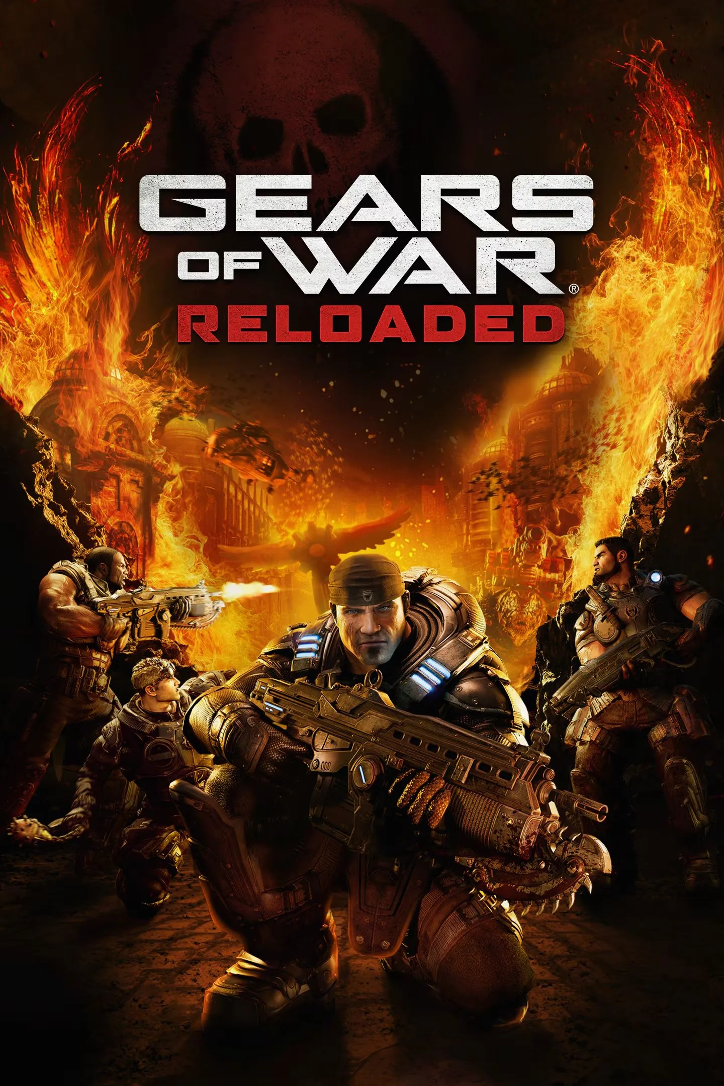 Bìa đĩa game Gears of War: Reloaded với Marcus Fenix và các chiến binh chuẩn bị chiến đấu.