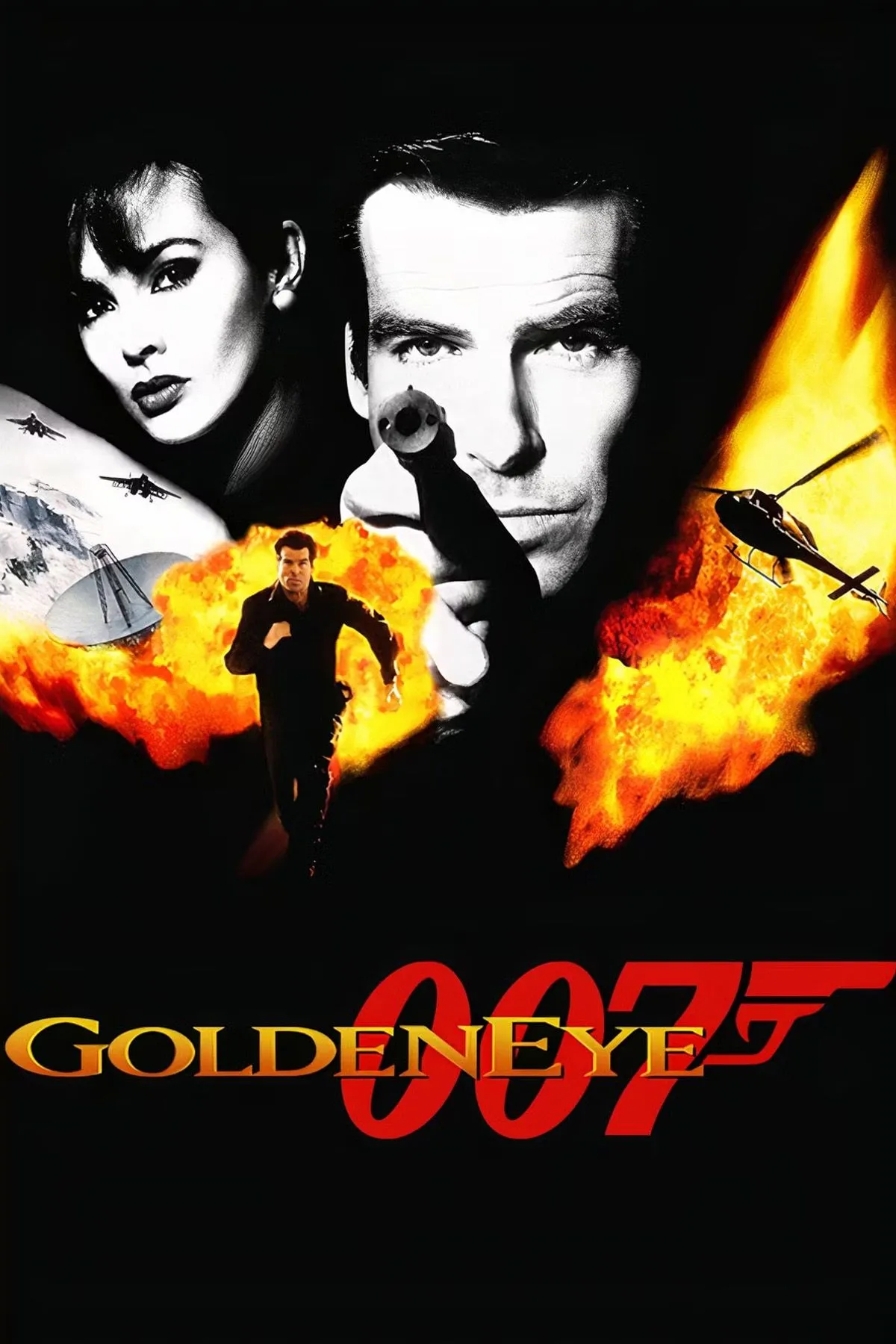 Bìa đĩa game GoldenEye 007 trên hệ máy N64, hình ảnh Pierce Brosnan trong vai James Bond.