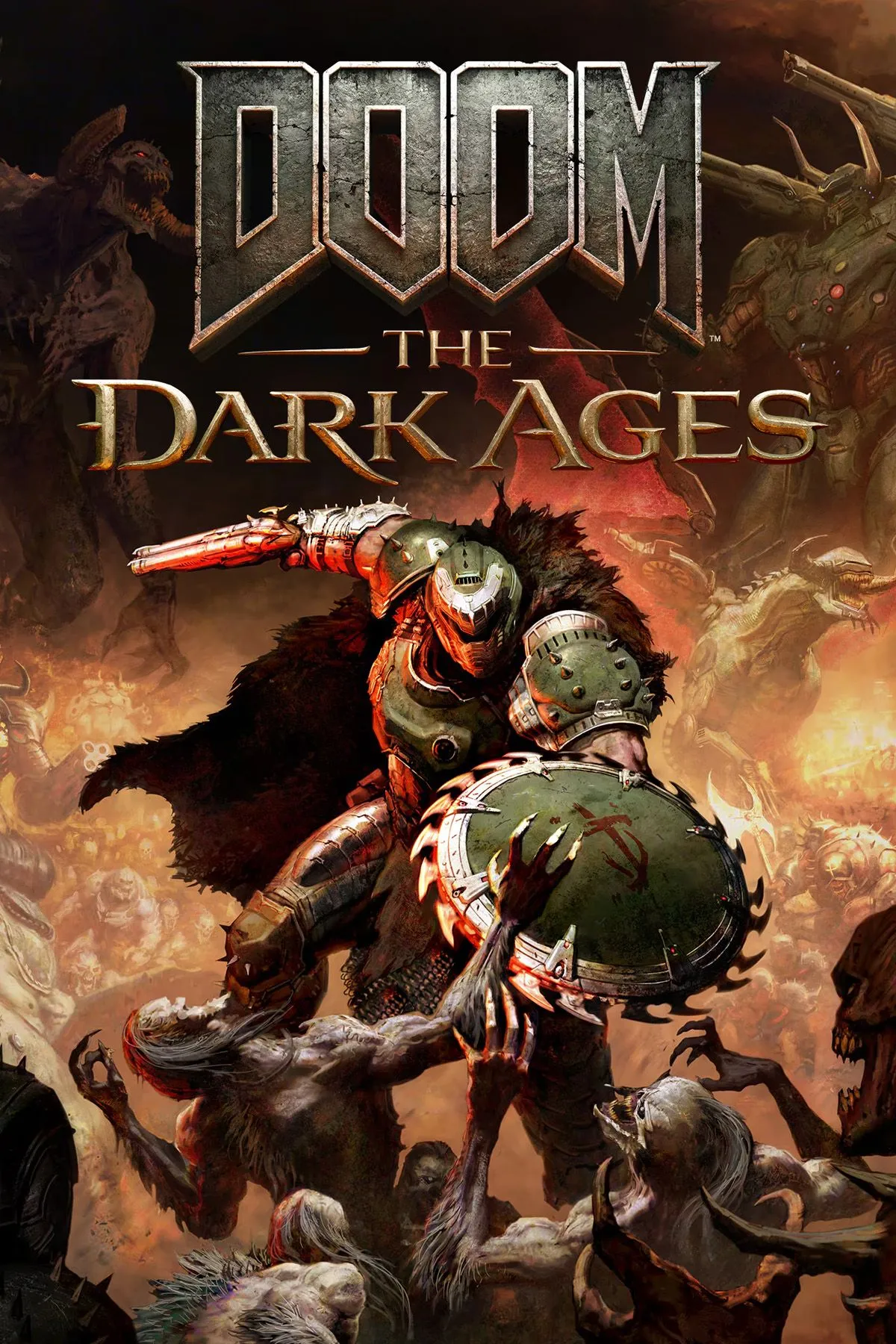 Bìa game Doom: The Dark Ages thể hiện nhân vật chính với vũ khí và bối cảnh tăm tối