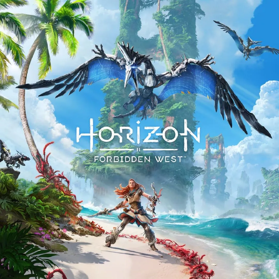 Bìa game Horizon Forbidden West Complete Edition, Aloy đối đầu với robot khổng lồ