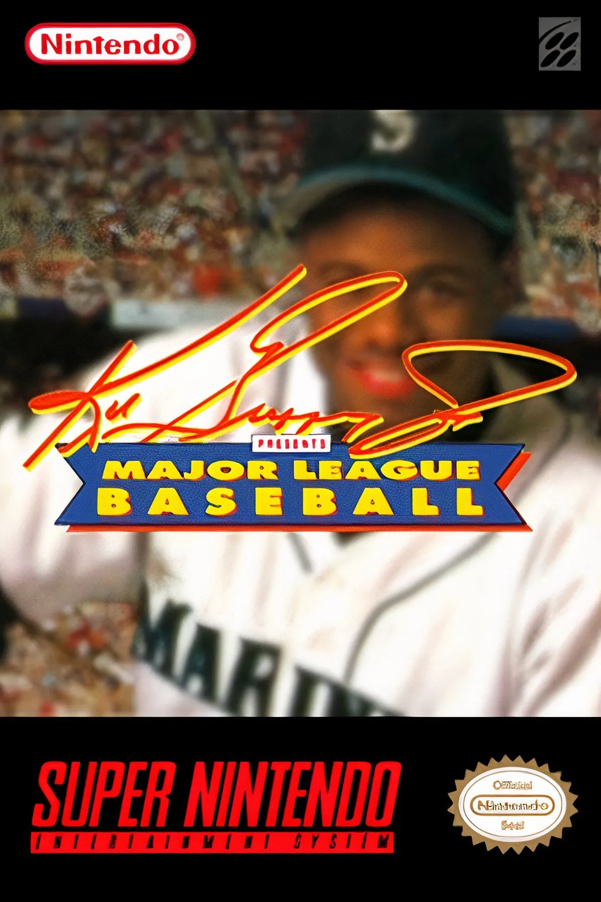 Bìa game Ken Griffey Jr. Presents Major League Baseball trên Super Nintendo, với cầu thủ Ken Griffey Jr.