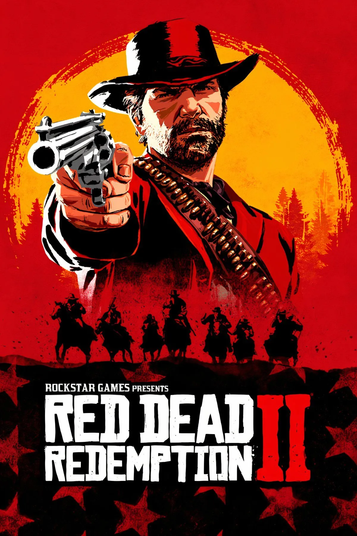 Bìa game Red Dead Redemption 2, Arthur Morgan cưỡi ngựa trong khung cảnh miền Tây hoang dã