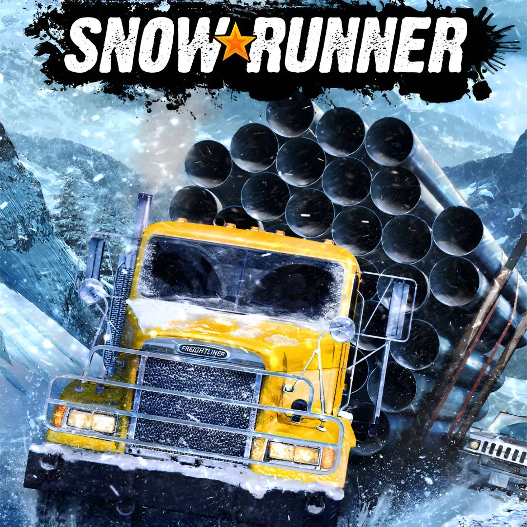 Bìa game SnowRunner, chiếc xe tải vận chuyển hàng qua địa hình khắc nghiệt