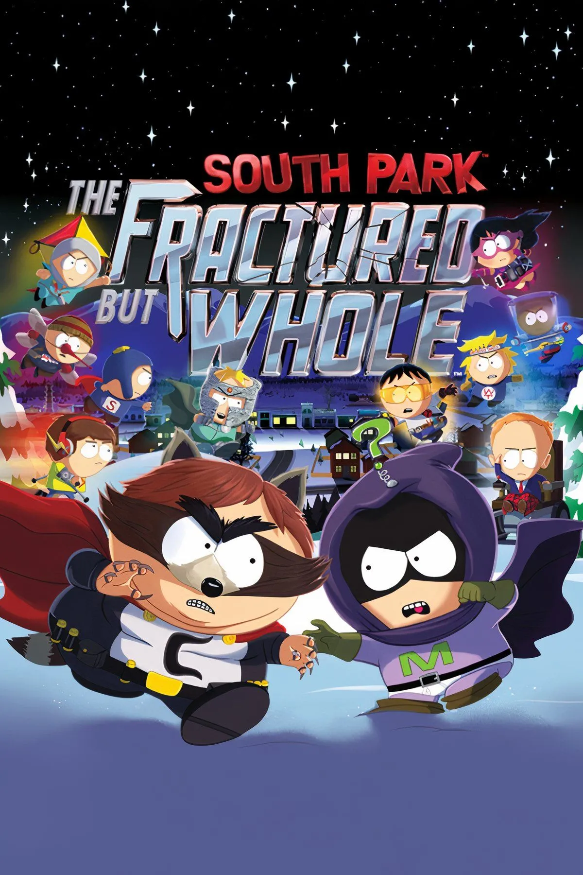 Bìa game South Park: The Fractured but Whole với các nhân vật siêu anh hùng quen thuộc, minh họa phong cách RPG độc đáo.