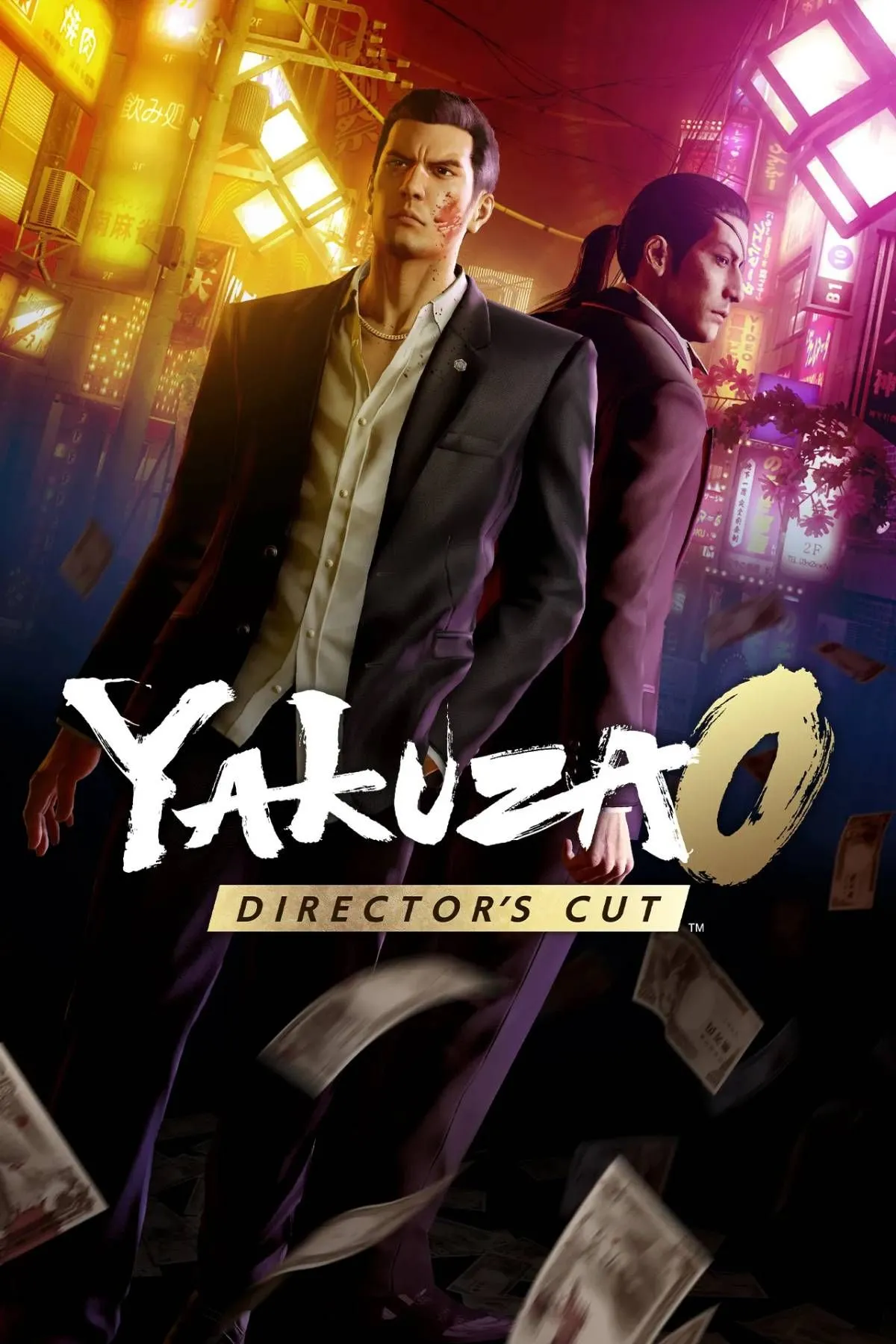 Bìa game Yakuza 0 Director's Cut, với các nhân vật chính Kazuma Kiryu và Goro Majima trong bối cảnh đường phố Nhật Bản.