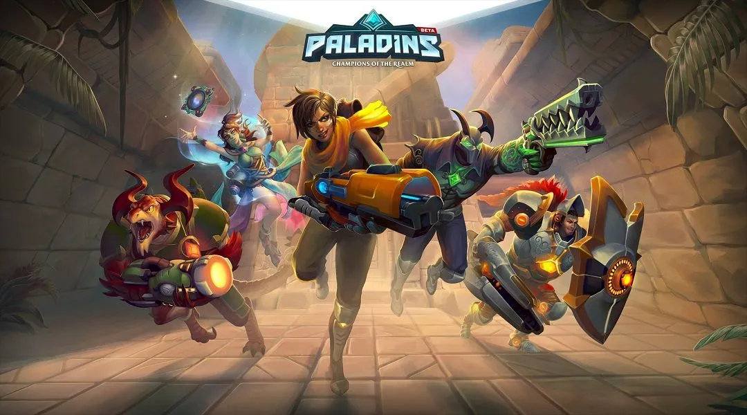 Bìa hộp game Paladins Champions of the Realm với các nhân vật anh hùng
