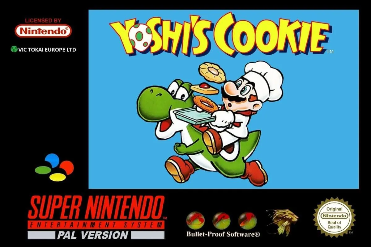 Bìa hộp phiên bản PAL của Yoshi's Cookie SNES