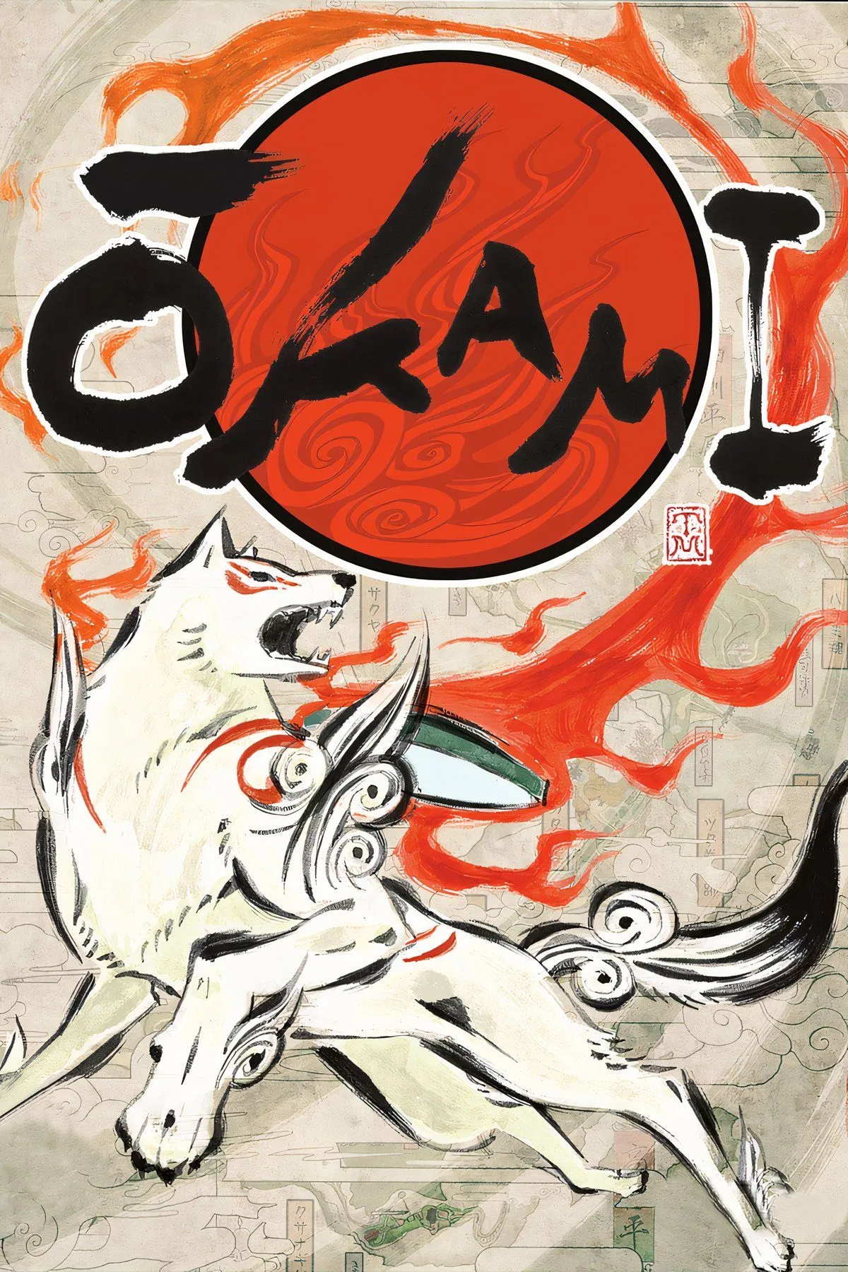 Bìa nghệ thuật game Okami với nữ thần Amaterasu trong hình dạng chó sói trắng, thể hiện phong cách đồ họa cel-shaded độc đáo của Clover Studio