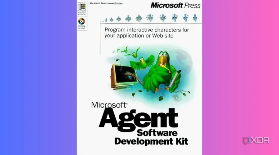 Bìa phần mềm Microsoft Agent với hình ảnh bốn nhân vật hoạt hình quen thuộc: Merlin, Genie, Peedy và Robby, thể hiện khả năng tạo trợ lý ảo.