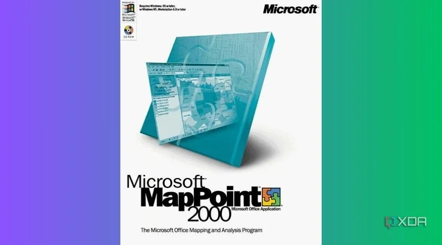 Bìa sản phẩm Microsoft MapPoint trên nền gradient, biểu thị một hệ thống thông tin địa lý (GIS) chuyên nghiệp dành cho doanh nghiệp.