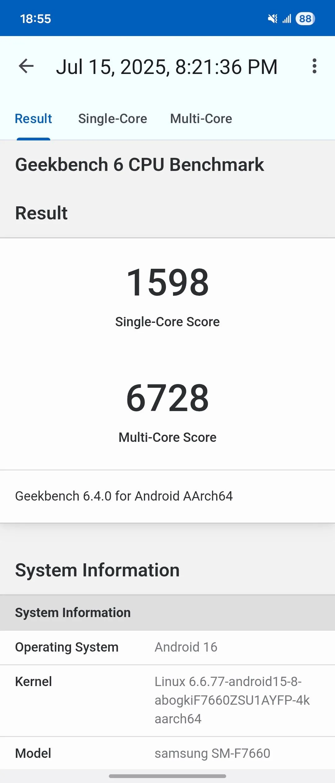 Biểu đồ điểm GeekBench 6 của Samsung Galaxy Z Flip 7 (Exynos 2500)