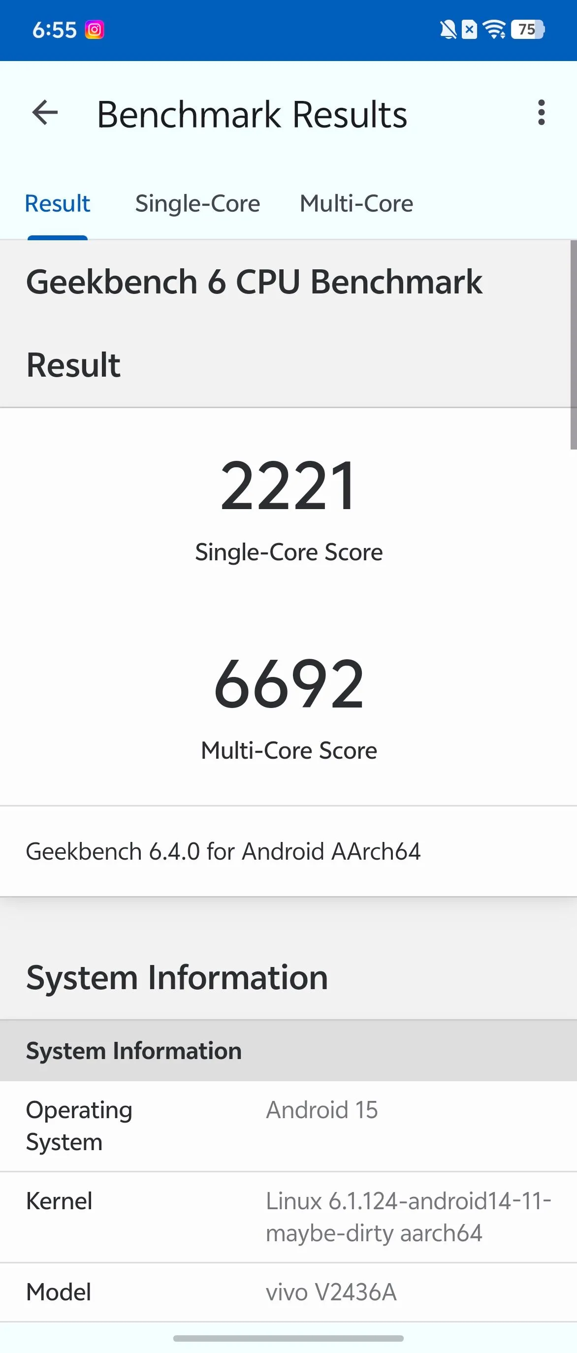Biểu đồ điểm GeekBench 6 của Vivo X Fold 5 (Snapdragon 8 Gen 3)