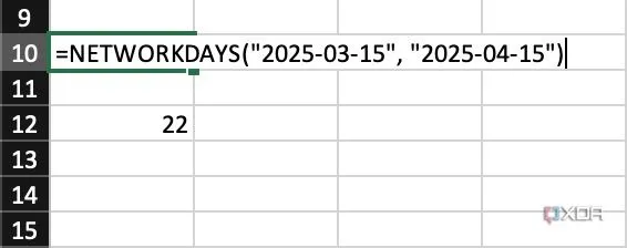 Biểu đồ minh họa tính năng của hàm NETWORKDAYS trong Excel, cho phép tính toán số ngày làm việc thực tế giữa hai mốc thời gian, loại trừ cuối tuần và ngày lễ.