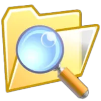 Biểu tượng của SearchMyFiles với nền trong suốt, hiển thị kính lúp và các thư mục