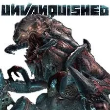 Biểu tượng Unvanquished: một chiến binh tương lai với giáp trụ và vũ khí, đại diện cho thể loại game bắn súng kết hợp chiến thuật.