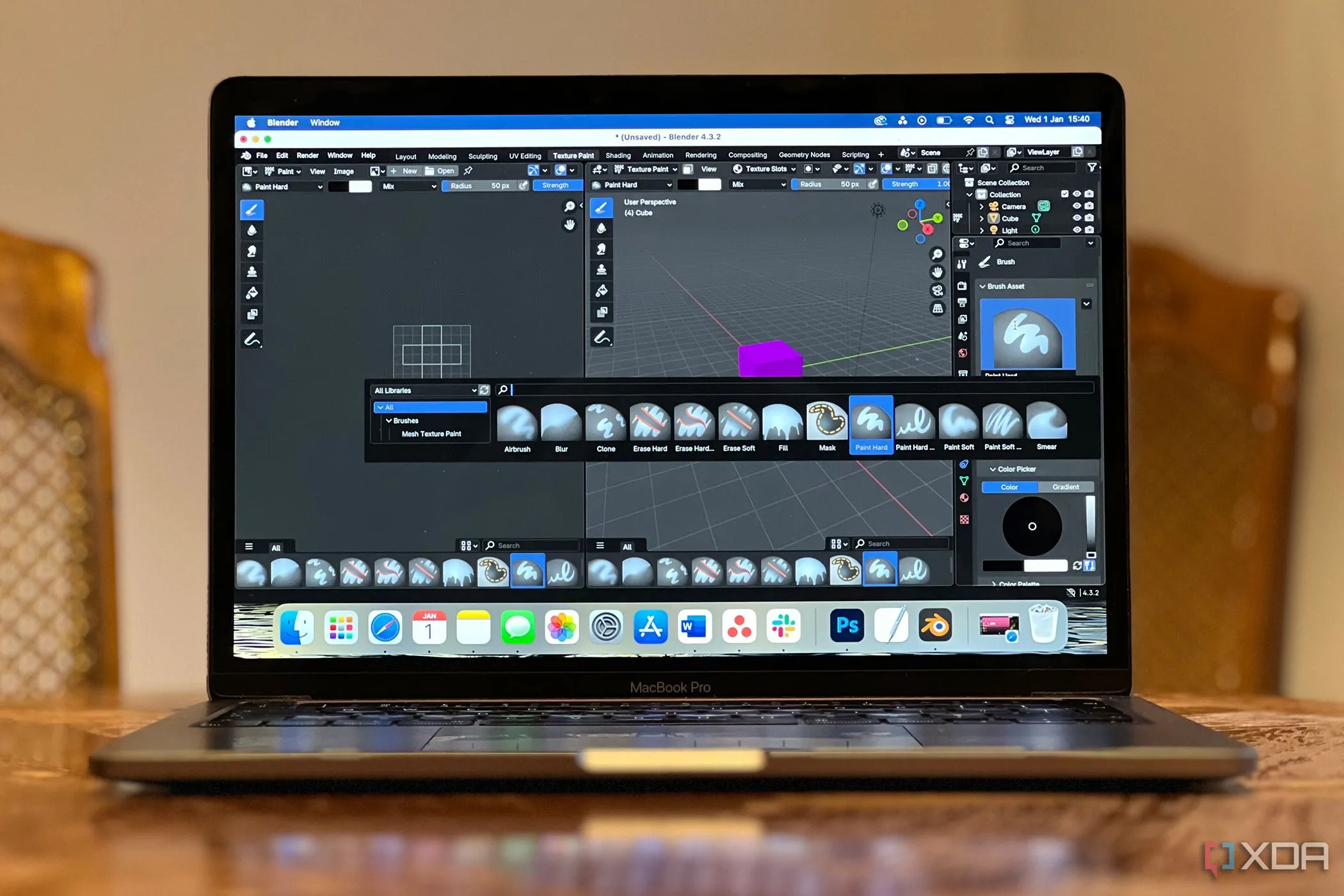 Blender đang hiển thị các tài nguyên và vật liệu 3D phong phú trên màn hình MacBook, minh họa cho cộng đồng hỗ trợ lớn