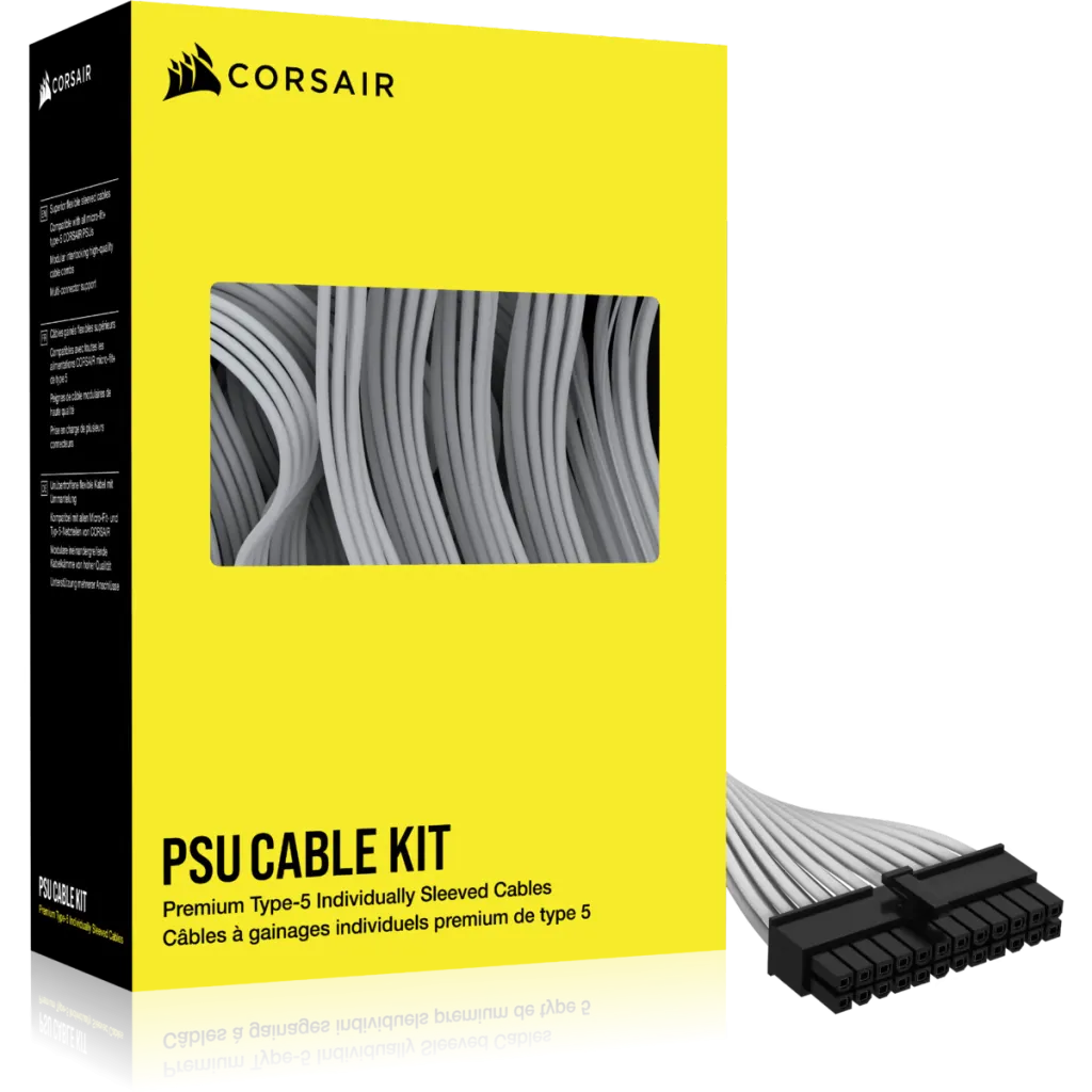 Bộ cáp nguồn tùy chỉnh Corsair Individually Sleeved PSU Cable Kit màu trắng, được bọc lưới paracord chất lượng cao