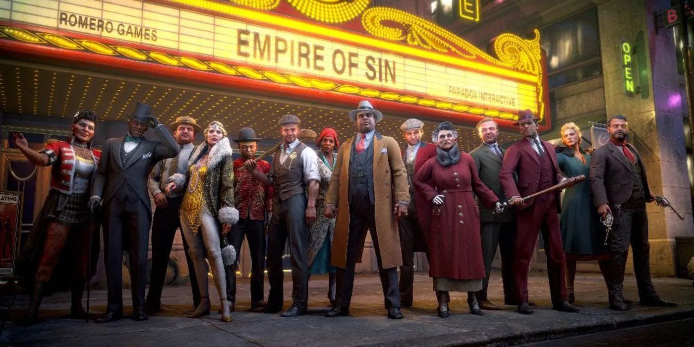 Bối cảnh game Empire of Sin với rạp hát cổ điển và tên game nổi bật