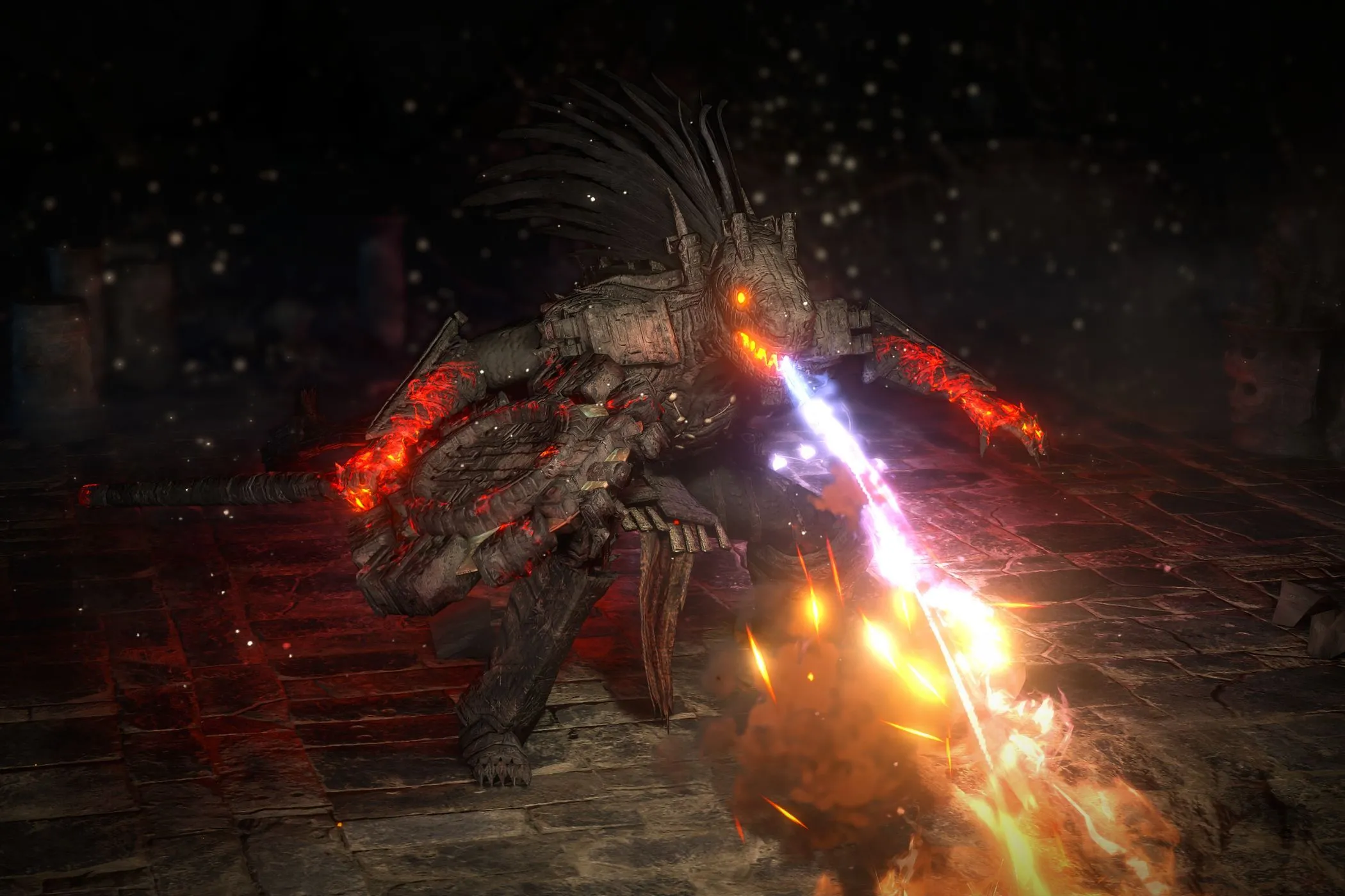 Boss Blackjaw trong Path of Exile 2 đang phun lửa trong đấu trường, thể hiện trận chiến đầy thử thách