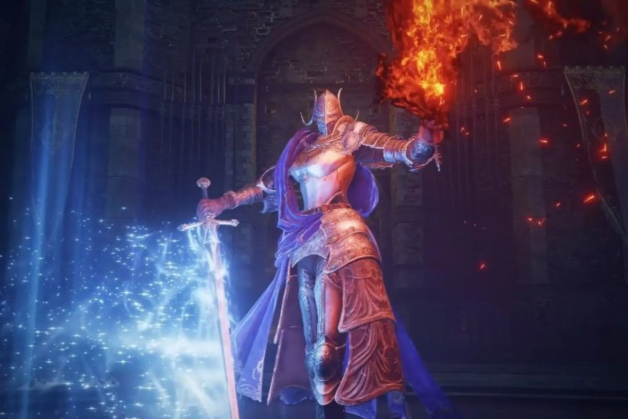 Boss Rellana, Kỵ Sĩ Song Nguyệt, sử dụng phép thuật và kiếm lửa trong DLC Elden Ring: Shadow of the Erdtree