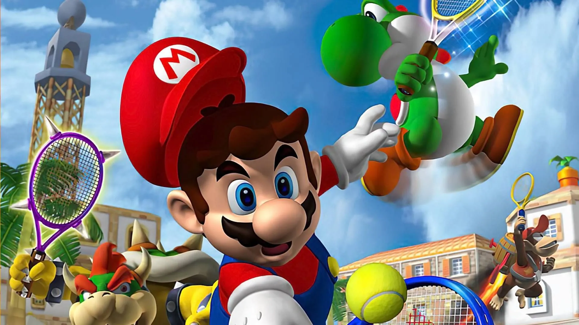Bức tranh nghệ thuật Mario Power Tennis với Bowser, Yoshi, Diddy Kong và Mario cùng các nhân vật khác.