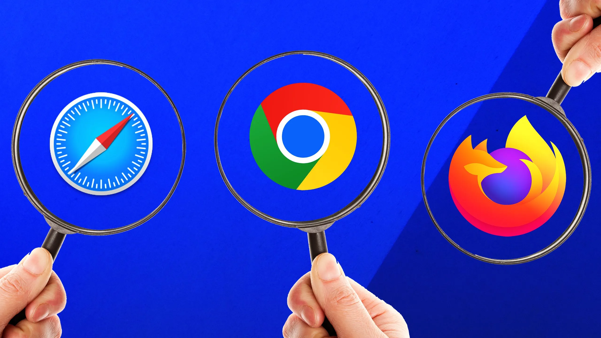 Các biểu tượng trình duyệt web phổ biến được phóng to qua kính lúp, tượng trưng cho sự lựa chọn và cạnh tranh trong thị trường trình duyệt