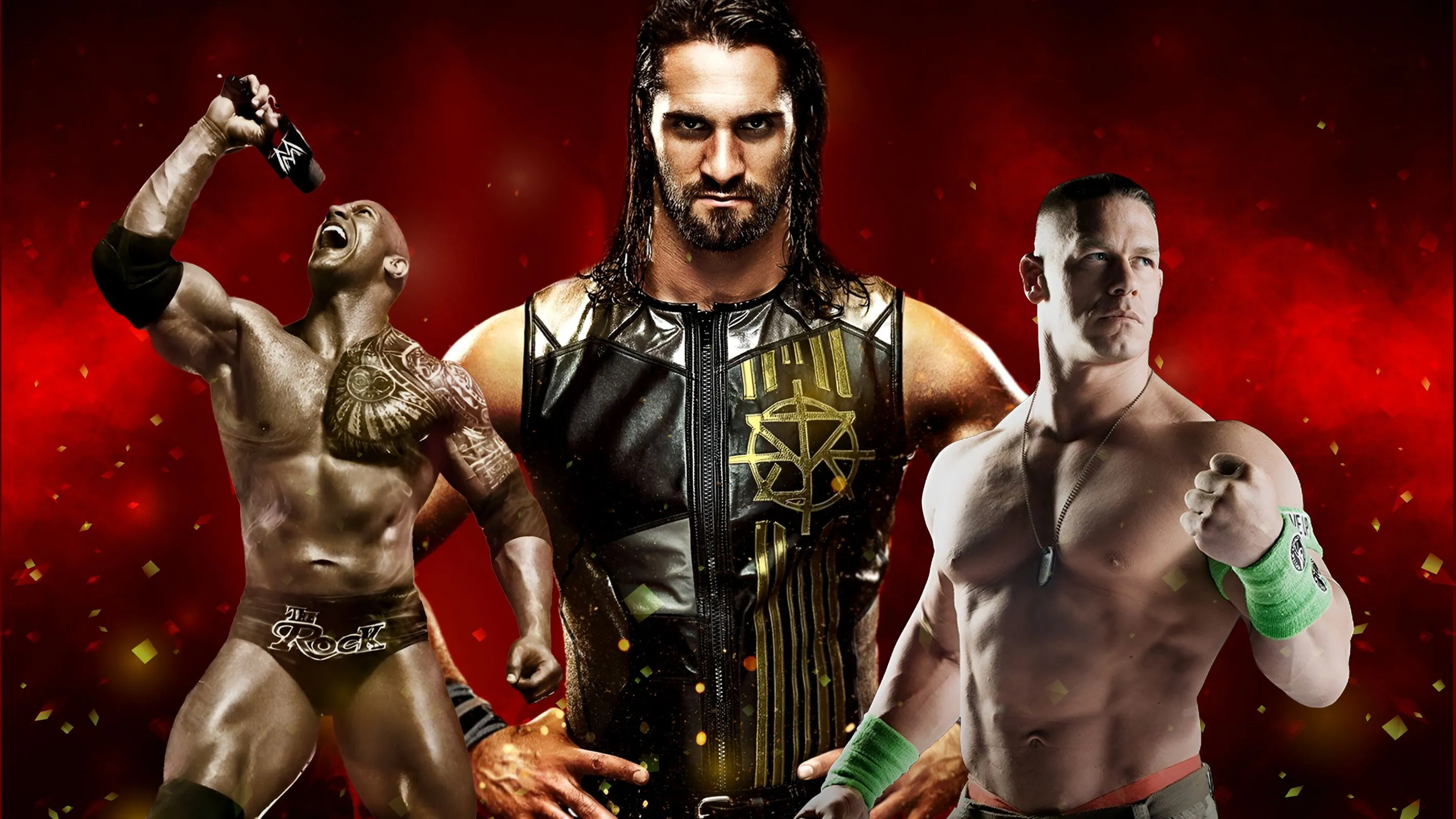 Các đô vật huyền thoại John Cena, The Rock và Seth Rollins, những biểu tượng của series WWE 2K.