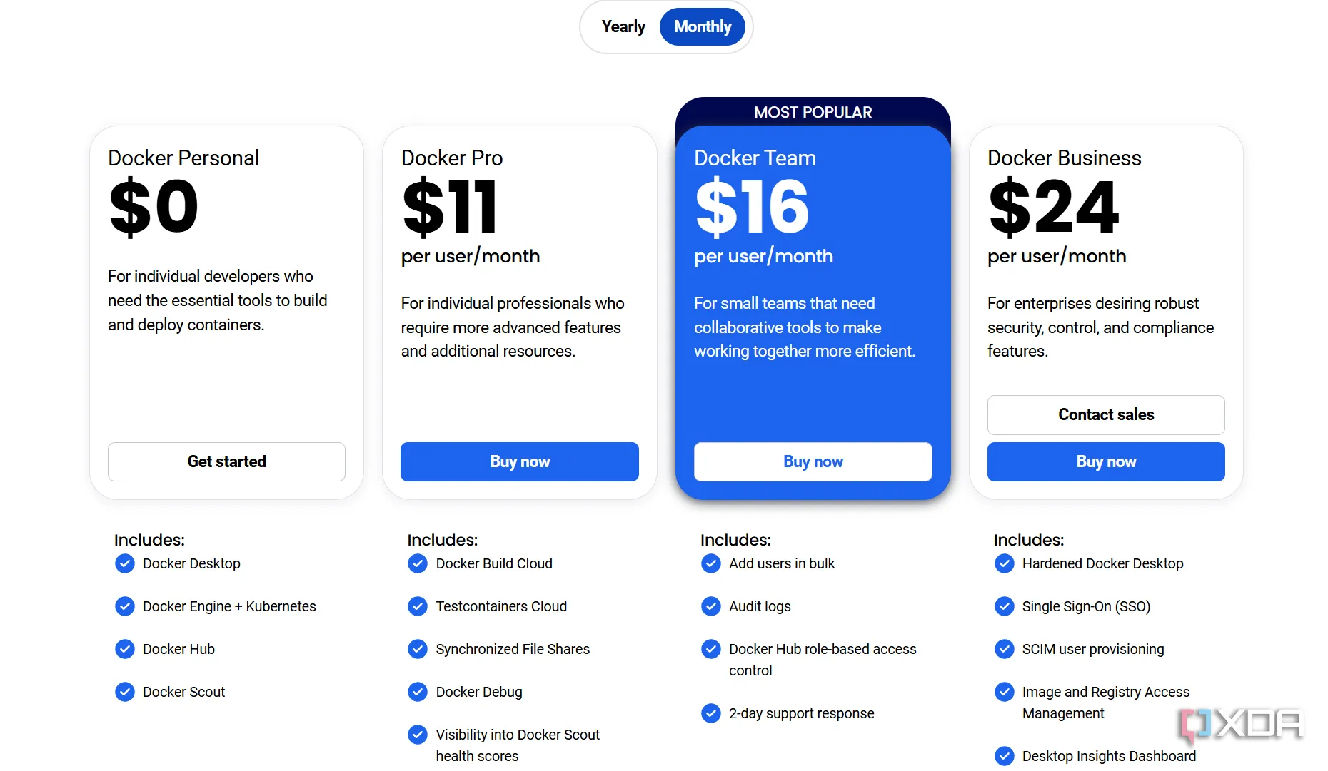 Các gói giá của Docker, minh họa không gian cho việc tự host miễn phí