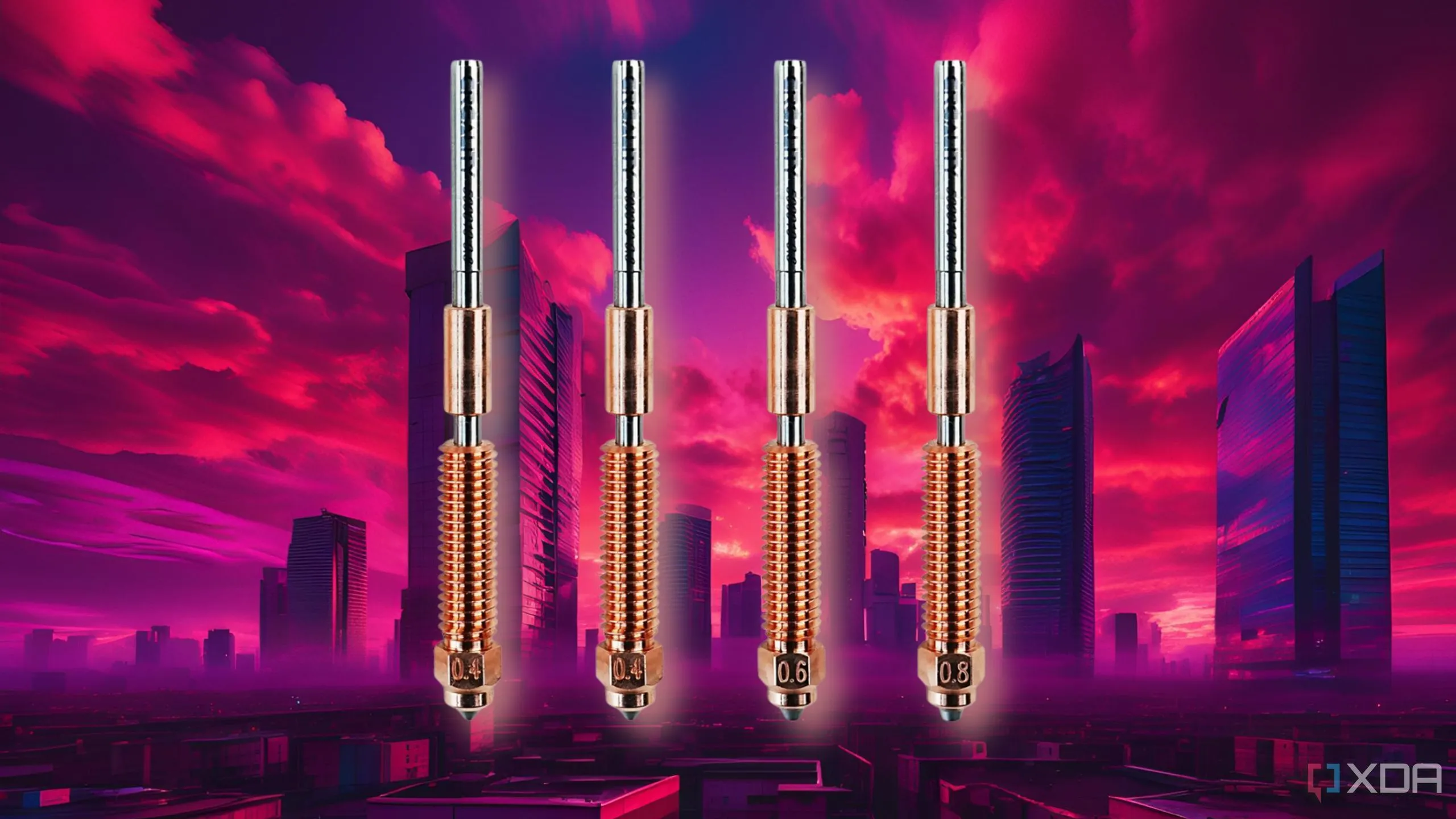 Các loại nozzle (đầu phun) khác nhau cho máy in 3D, minh họa sự đa dạng và nhu cầu thay thế khi in vật liệu mài mòn